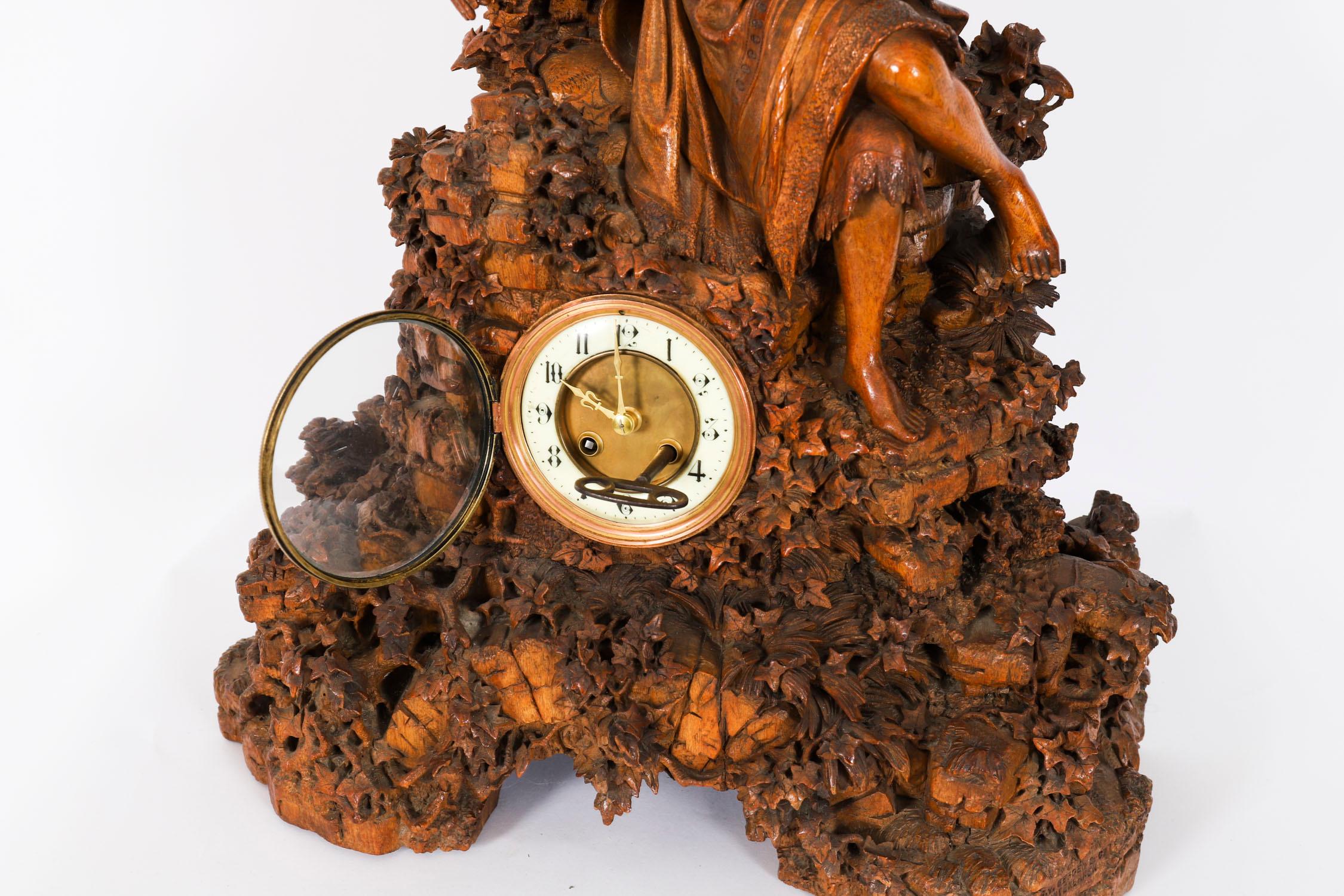 Antique Swiss 'Black Forest' Carved Linden Wood Clock 19th Century For Sale 12