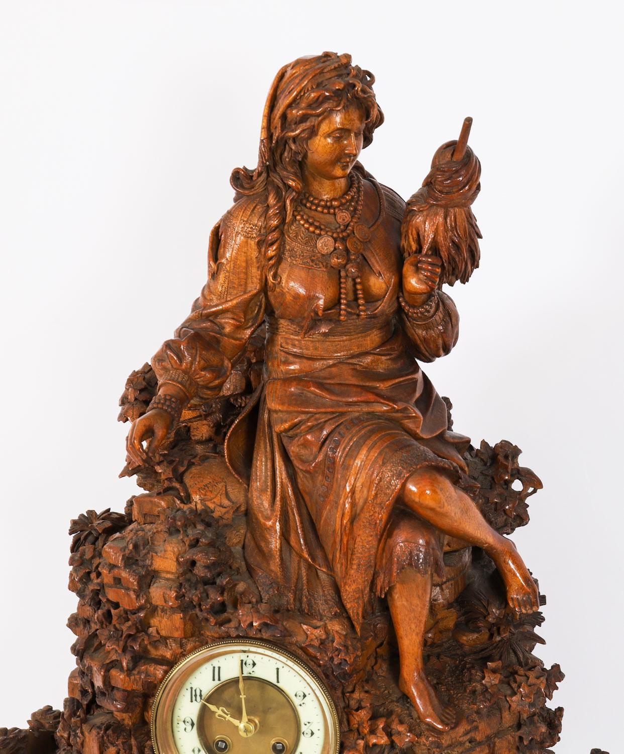 Antique Swiss 'Black Forest' Carved Linden Wood Clock 19th Century For Sale 1