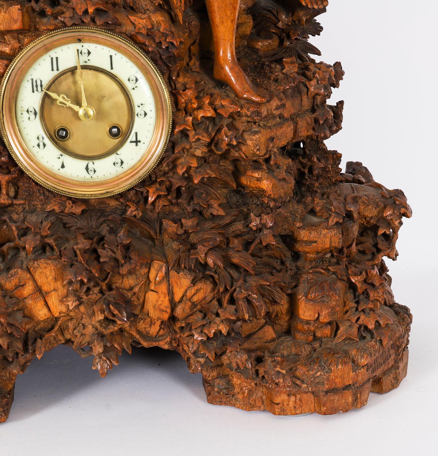 Antique Swiss 'Black Forest' Carved Linden Wood Clock 19th Century For Sale 3