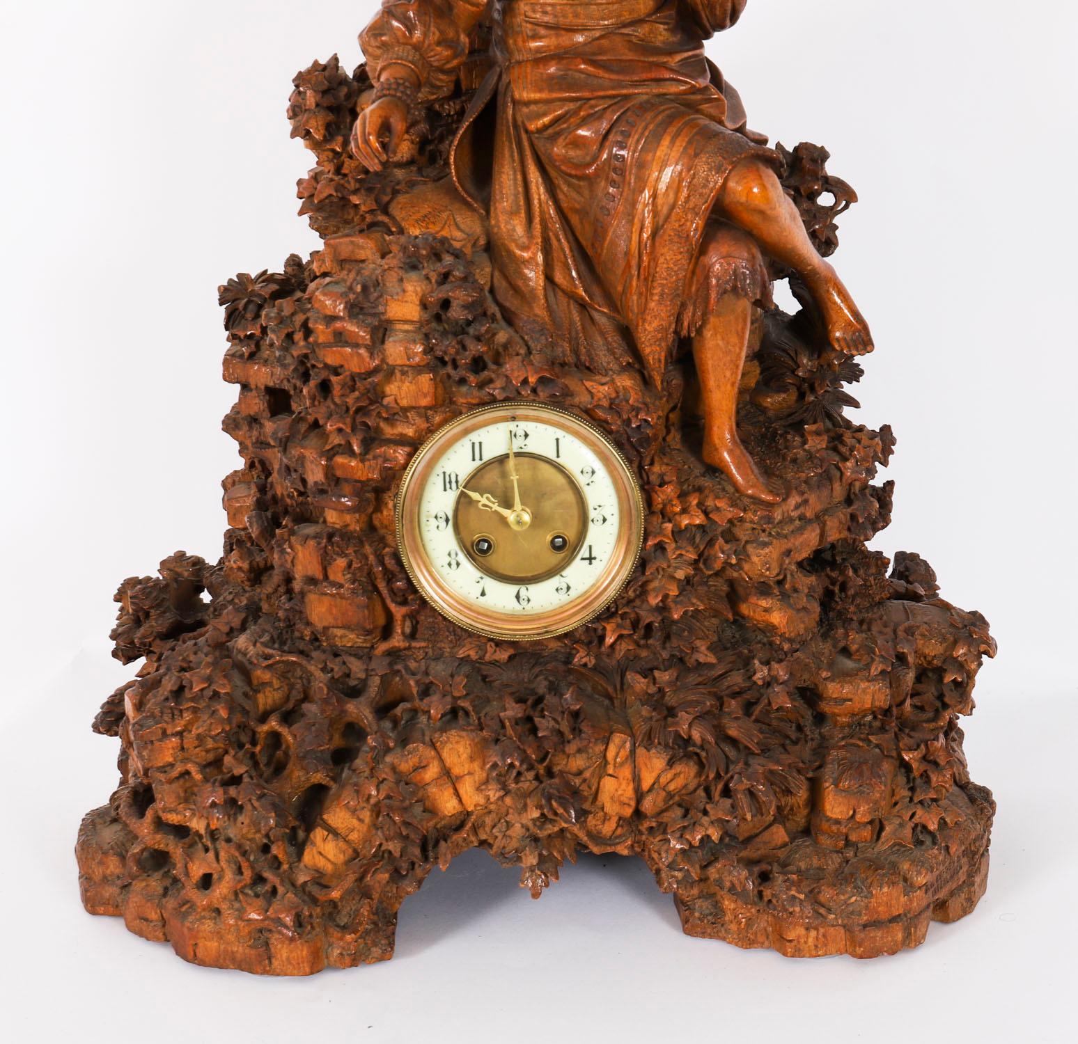 Antique Swiss 'Black Forest' Carved Linden Wood Clock 19th Century For Sale 4