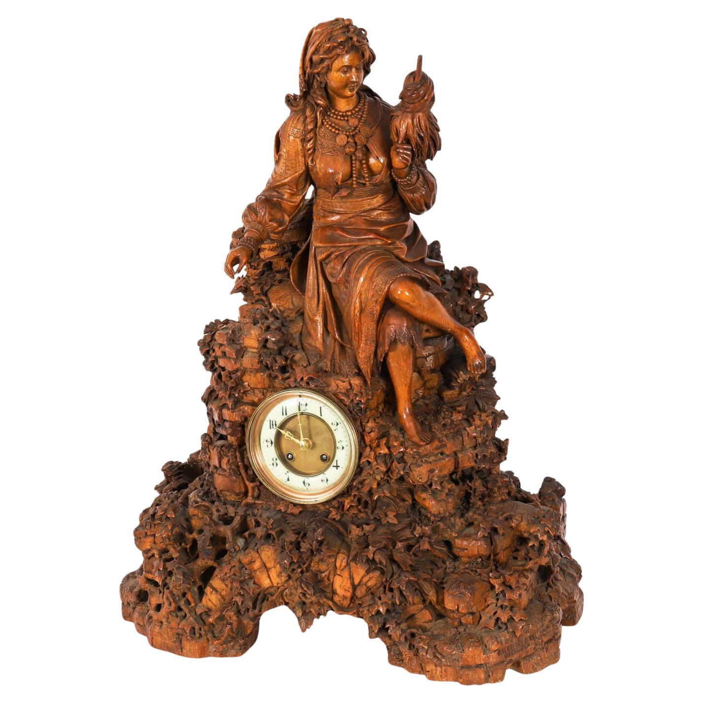 Antique Swiss 
Black Forest
 Carved Linden Wood Clock 19th Century For Sale