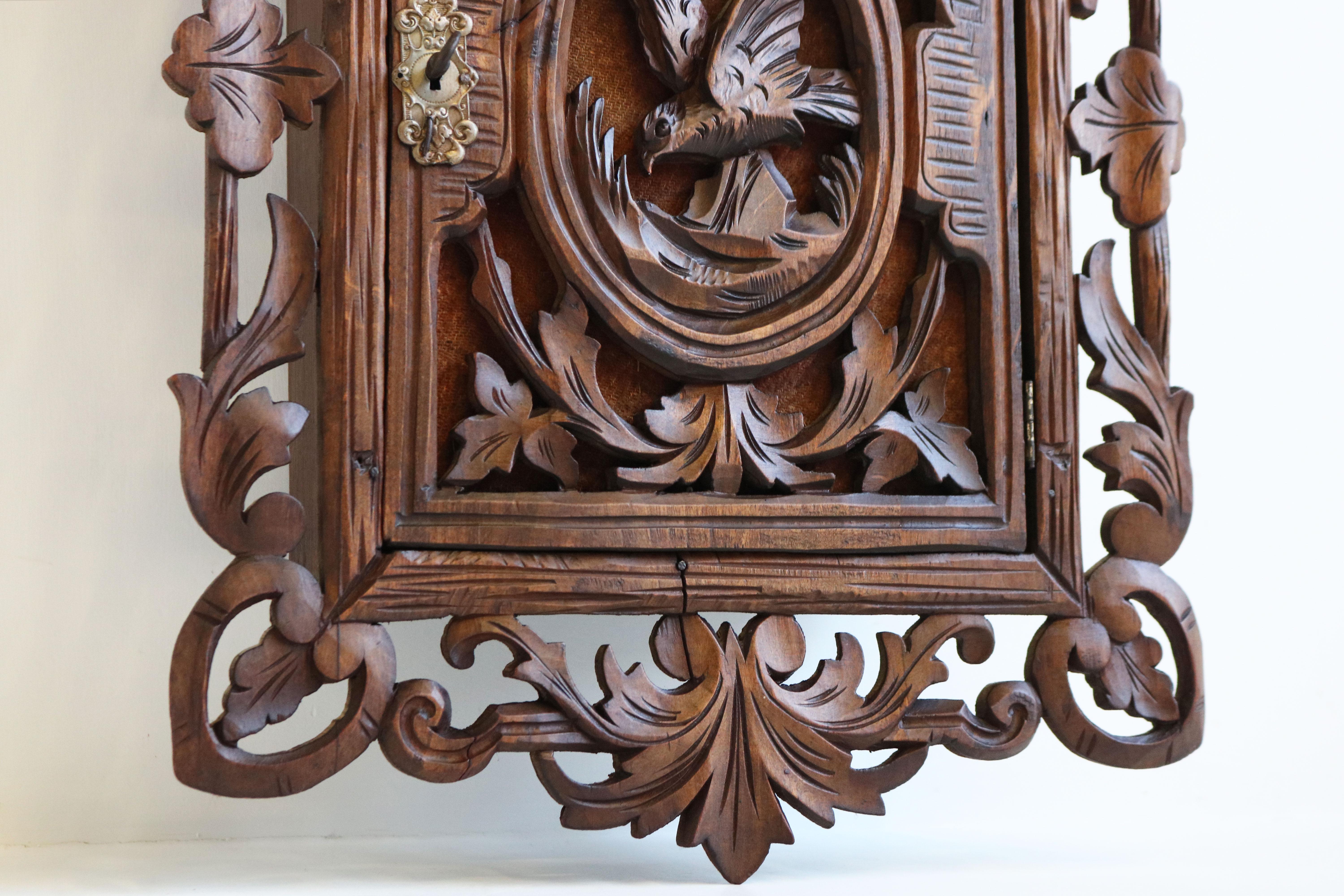 Antique Swiss Black Forest Carved Wall Cabinet 19th Century Bird Hunt Style 1