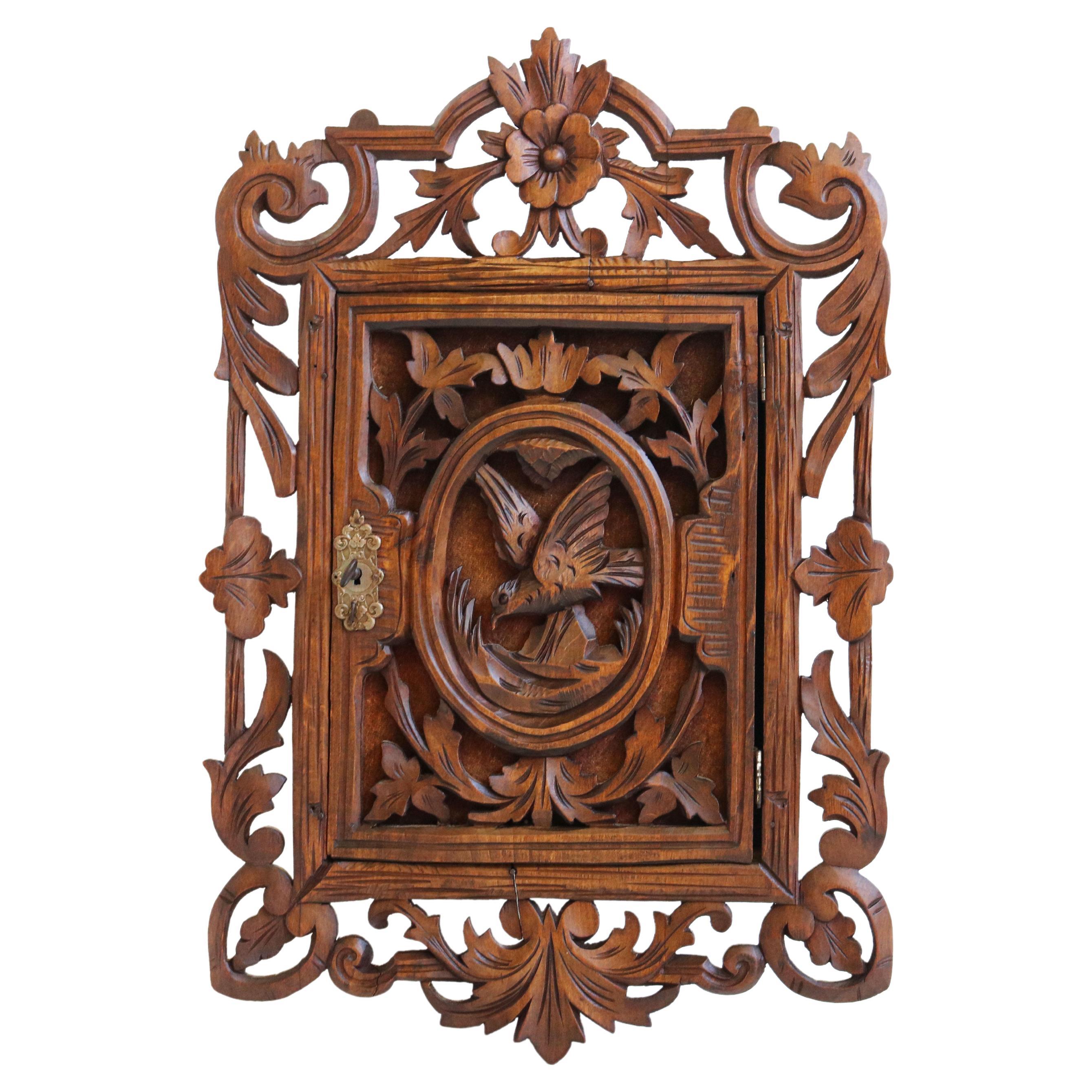 Antique Swiss Black Forest Carved Wall Cabinet 19th Century Bird Hunt Style