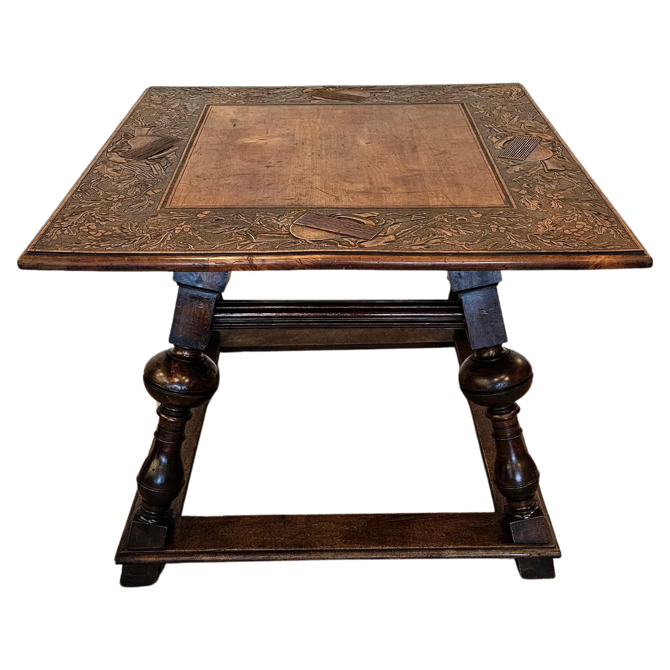 Antique Swiss Black Forest Carved Walnut Table  For Sale