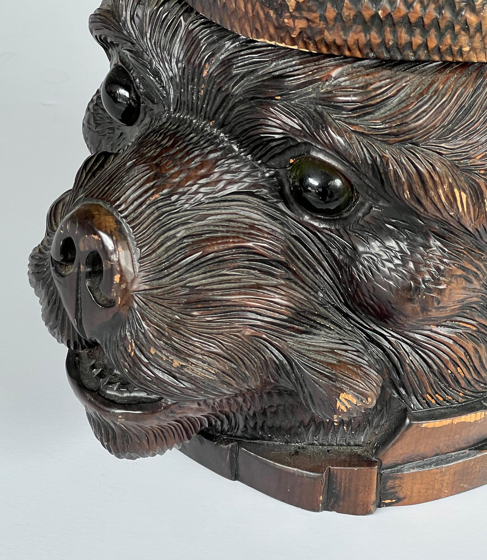 Antigua caja de tabaco suiza de madera tallada de la Selva Negra con cabeza de oso y tapa Bosque negro en venta