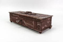 Antique Swiss Black Forest Dark Brown Carved Wood Glove Box, ca. 1900