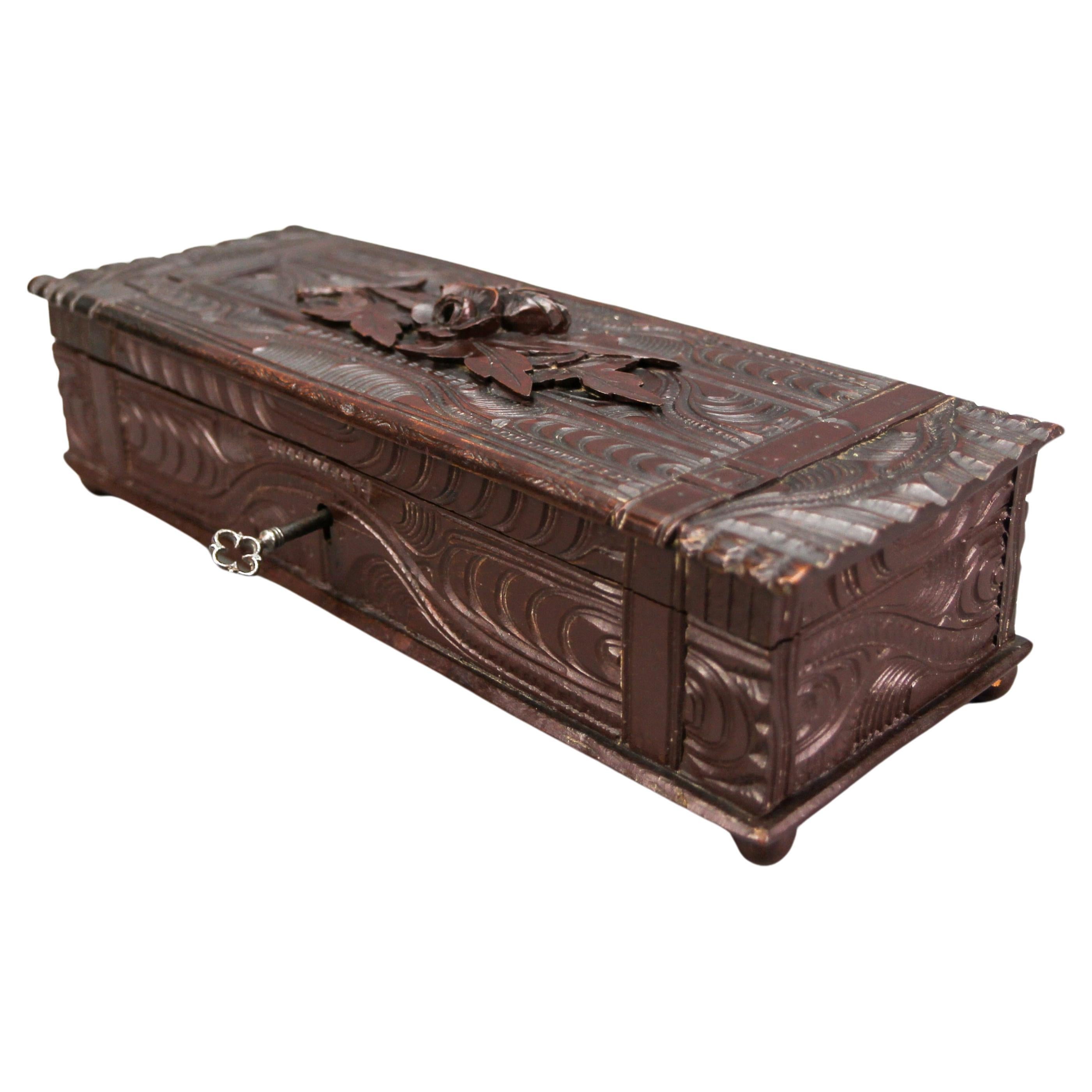 Antique Swiss Black Forest Dark Brown Carved Wood Glove Box, ca. 1900