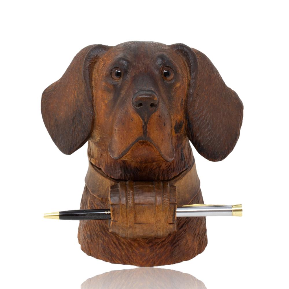 Hand-Carved Antique Swiss Black Forest Dog Inkwell Pen Store For Sale
