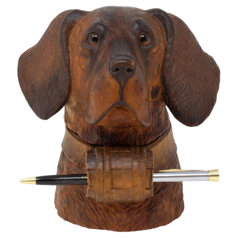 Antique Swiss Black Forest Dog Inkwell Pen Store For Sale