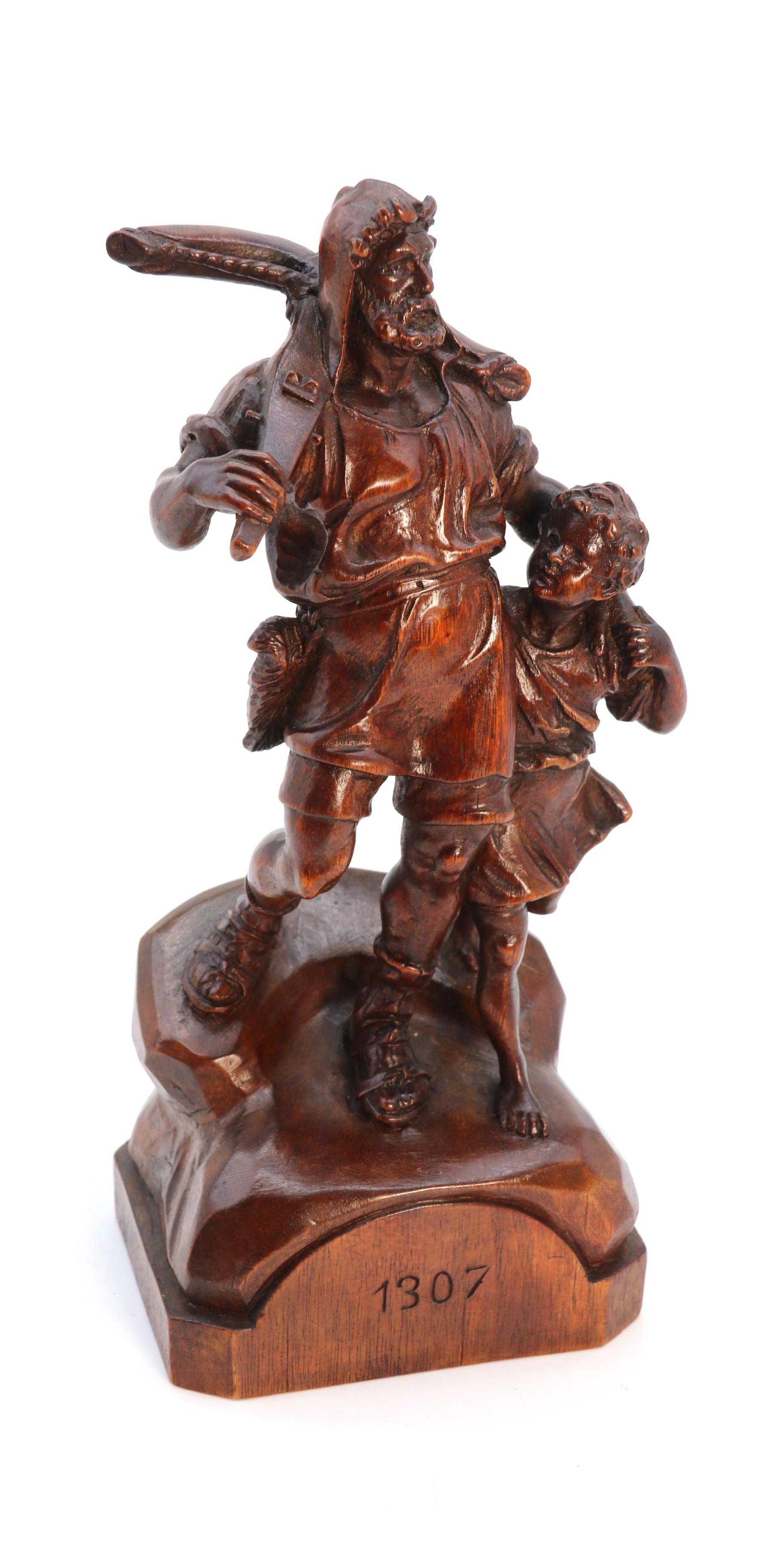Antico studio in noce intagliato a mano della Black Forest svizzera raffigurante William Tell e suo figlio in vendita 4