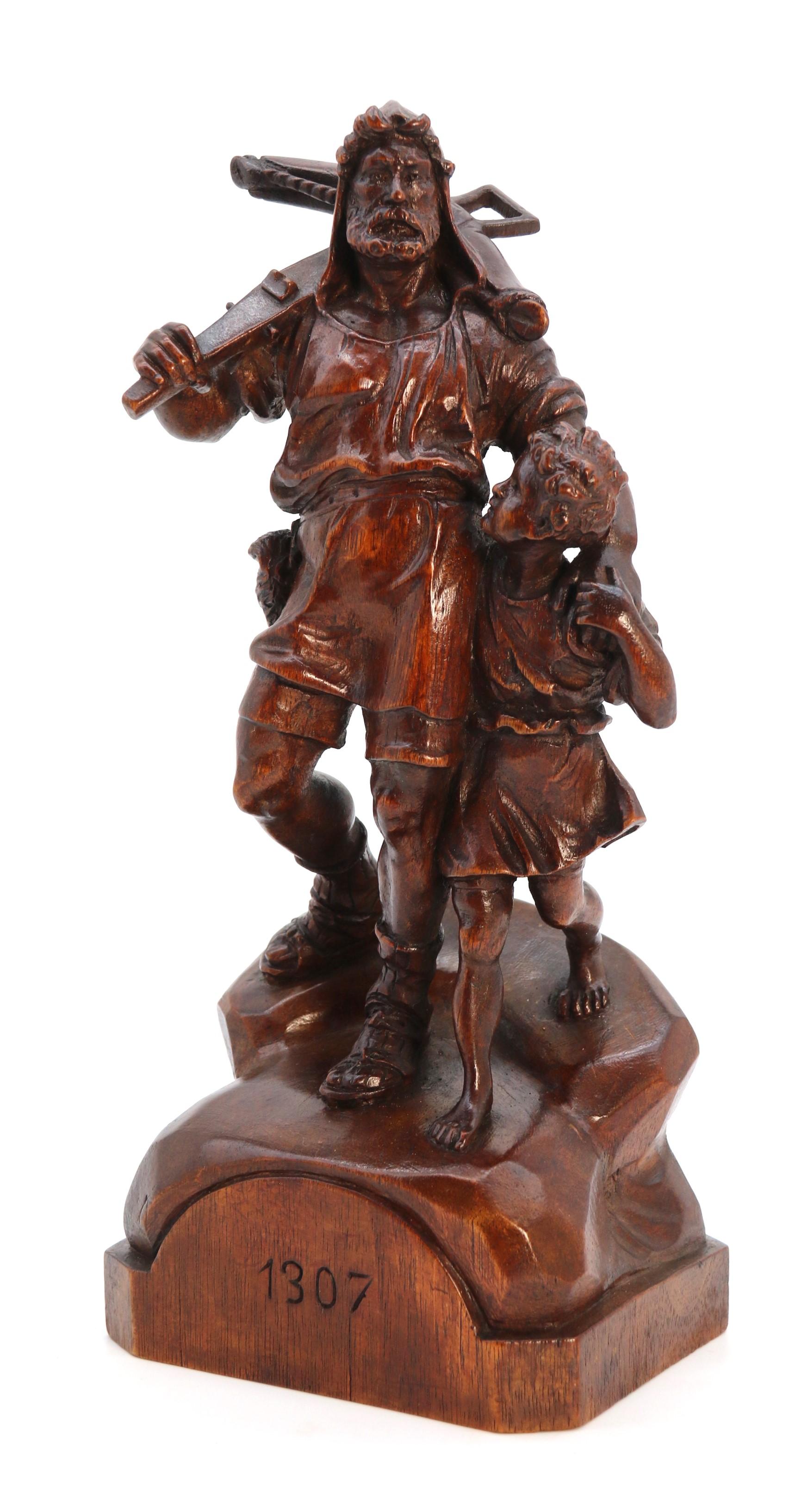 Svizzero Antico studio in noce intagliato a mano della Black Forest svizzera raffigurante William Tell e suo figlio in vendita