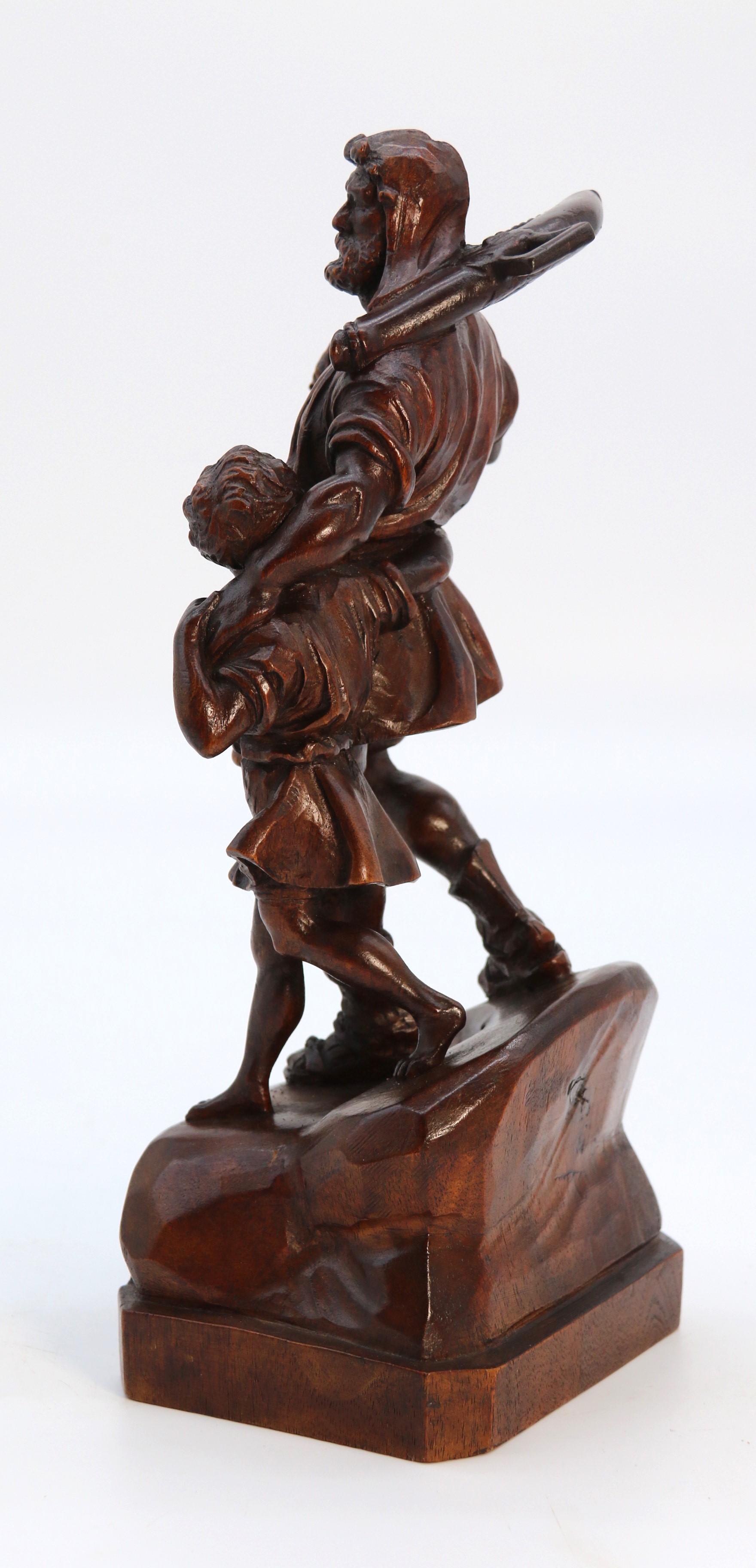 XX secolo Antico studio in noce intagliato a mano della Black Forest svizzera raffigurante William Tell e suo figlio in vendita