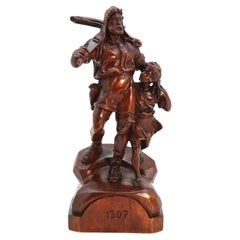 Antike Schweizer Black Forest handgeschnitzte Nussbaumstudie von William Tell und seinem Sohn