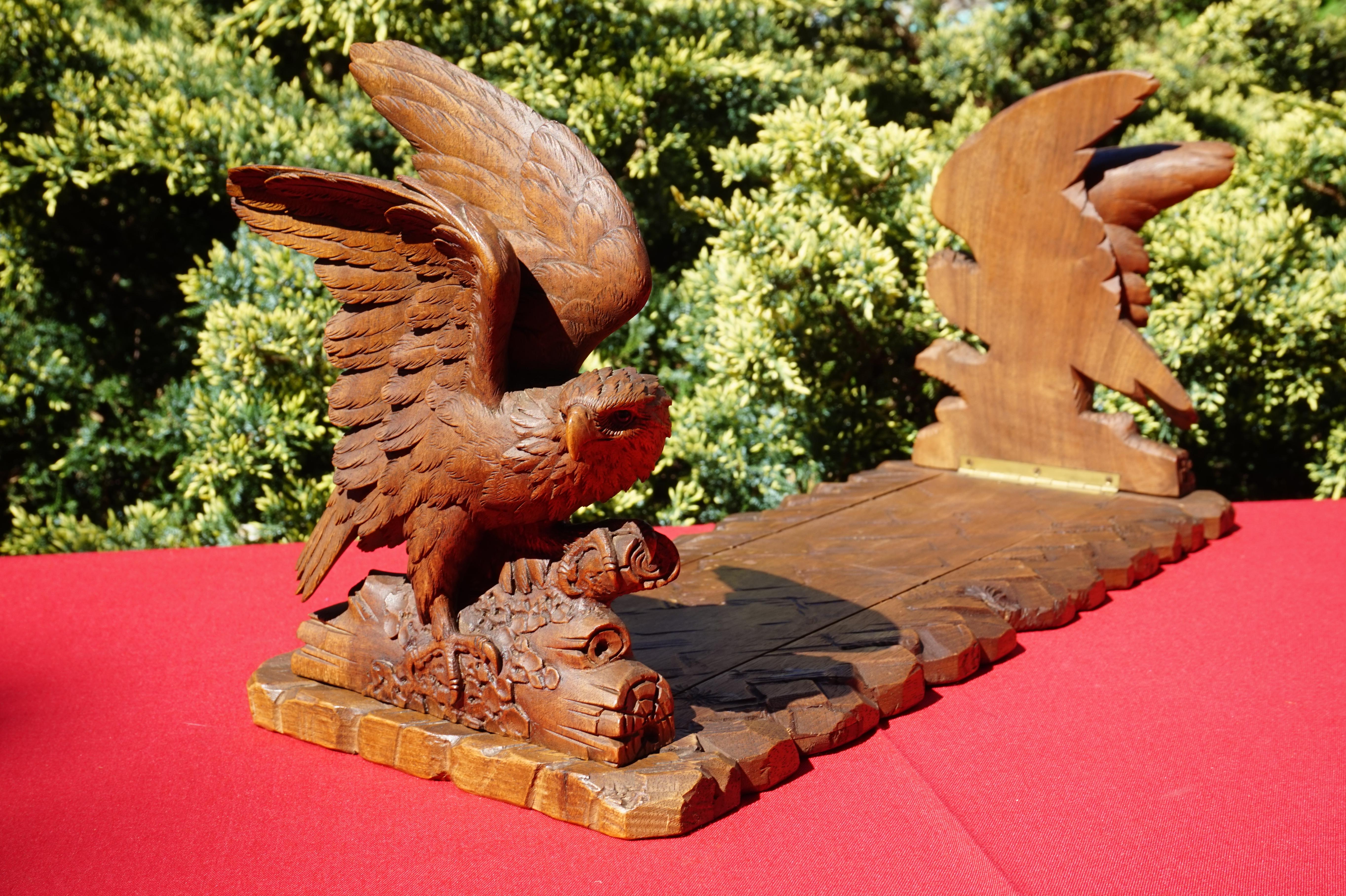 Incredibly rare and all handcrafted, winged eagle bookends.

If you are a collector of rare Swiss Black Forest antiques then you probably know how rare this eagle book rack is. In all our years we had never seen one and after searching the web we