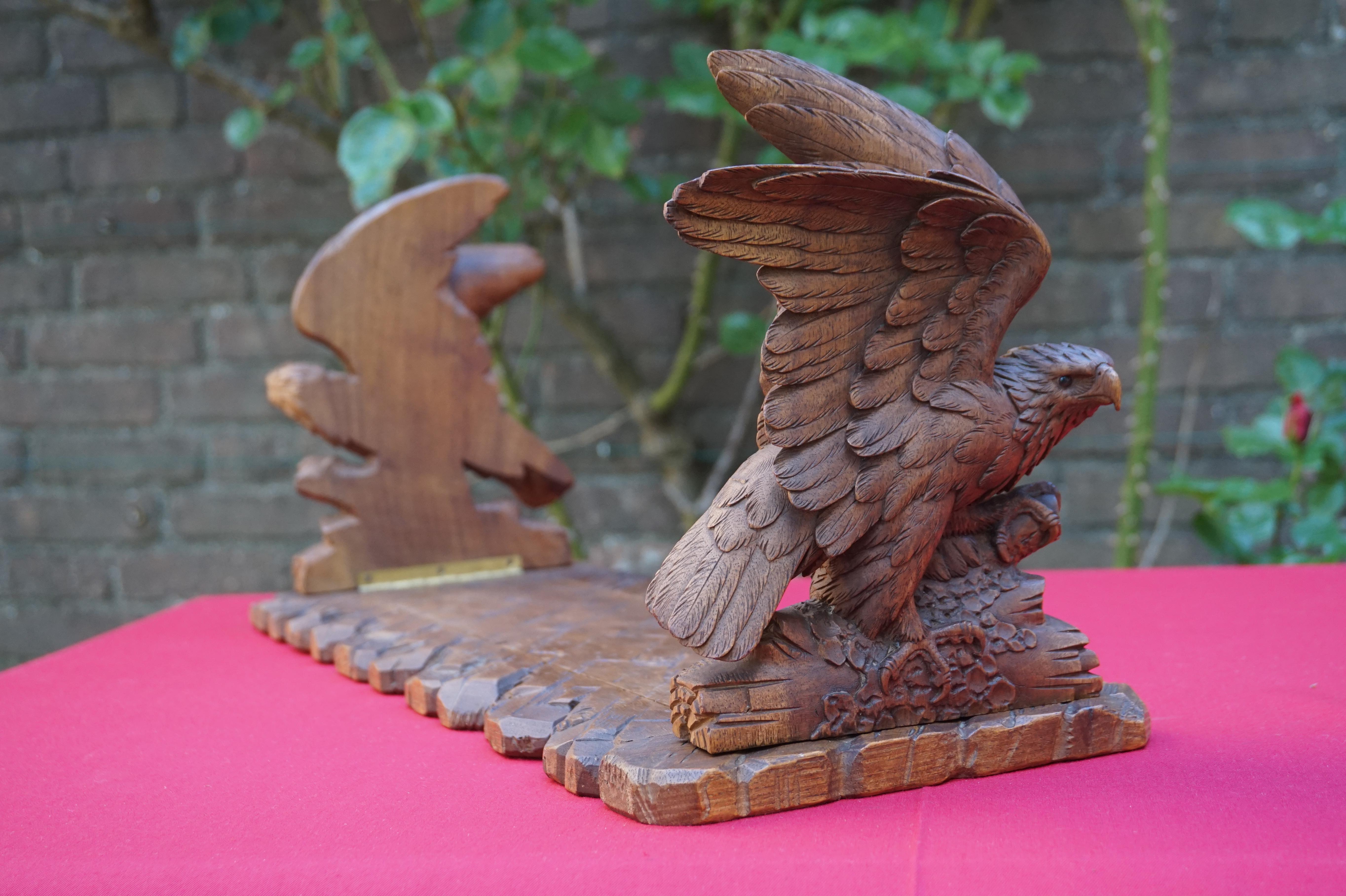 Swiss Black Forest Nutwood Books Rack or Stand with Carved Eagle Sculptures 1