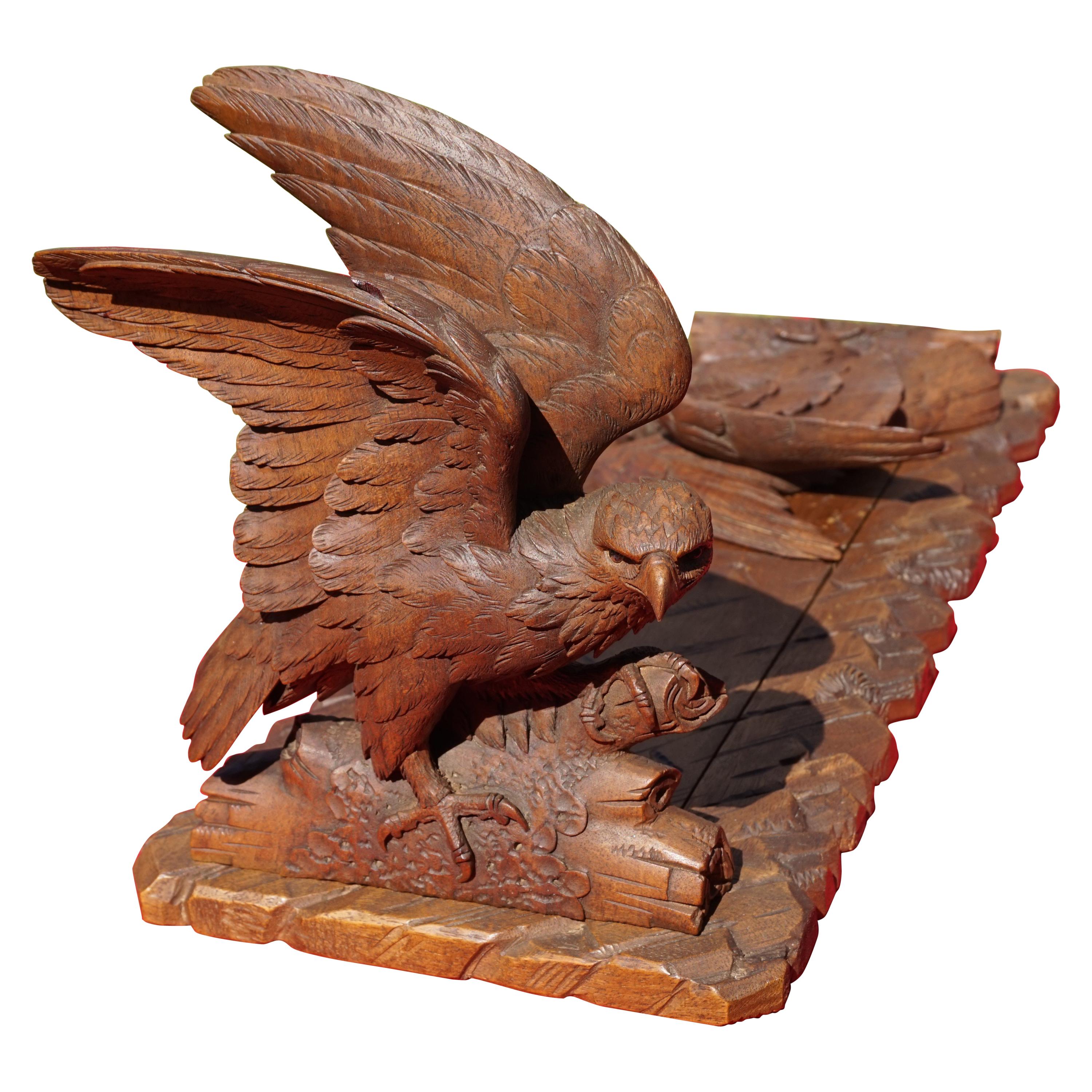 Swiss Black Forest Nutwood Books Rack or Stand with Carved Eagle Sculptures