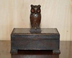 Antique Swiss Black Forest Owl Cigar Box with Original Tin Lining Hand Carved