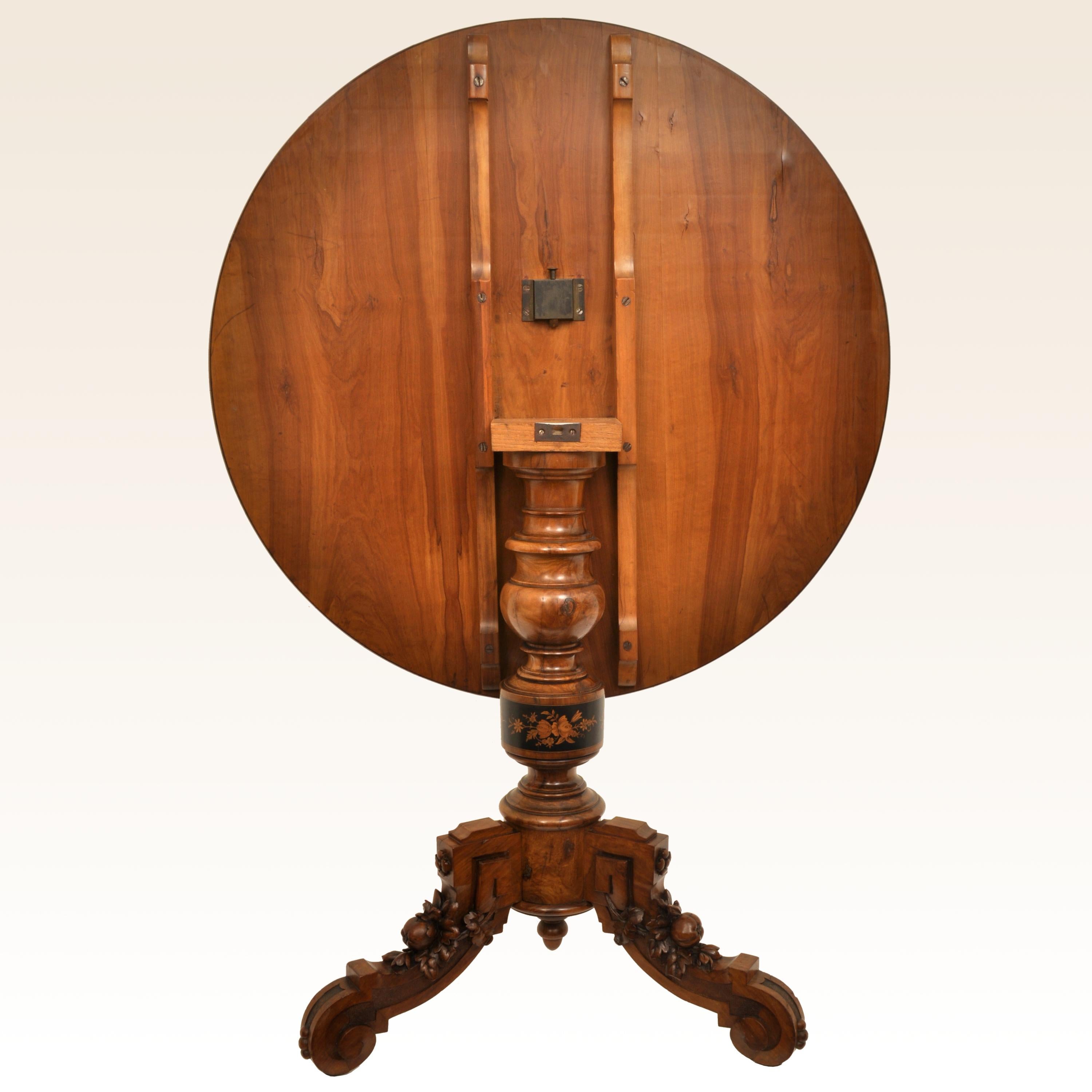 Antique Swiss Black Forest Tilt-Top Pedestal Walnut Marquetry Carved Table, 1880 5