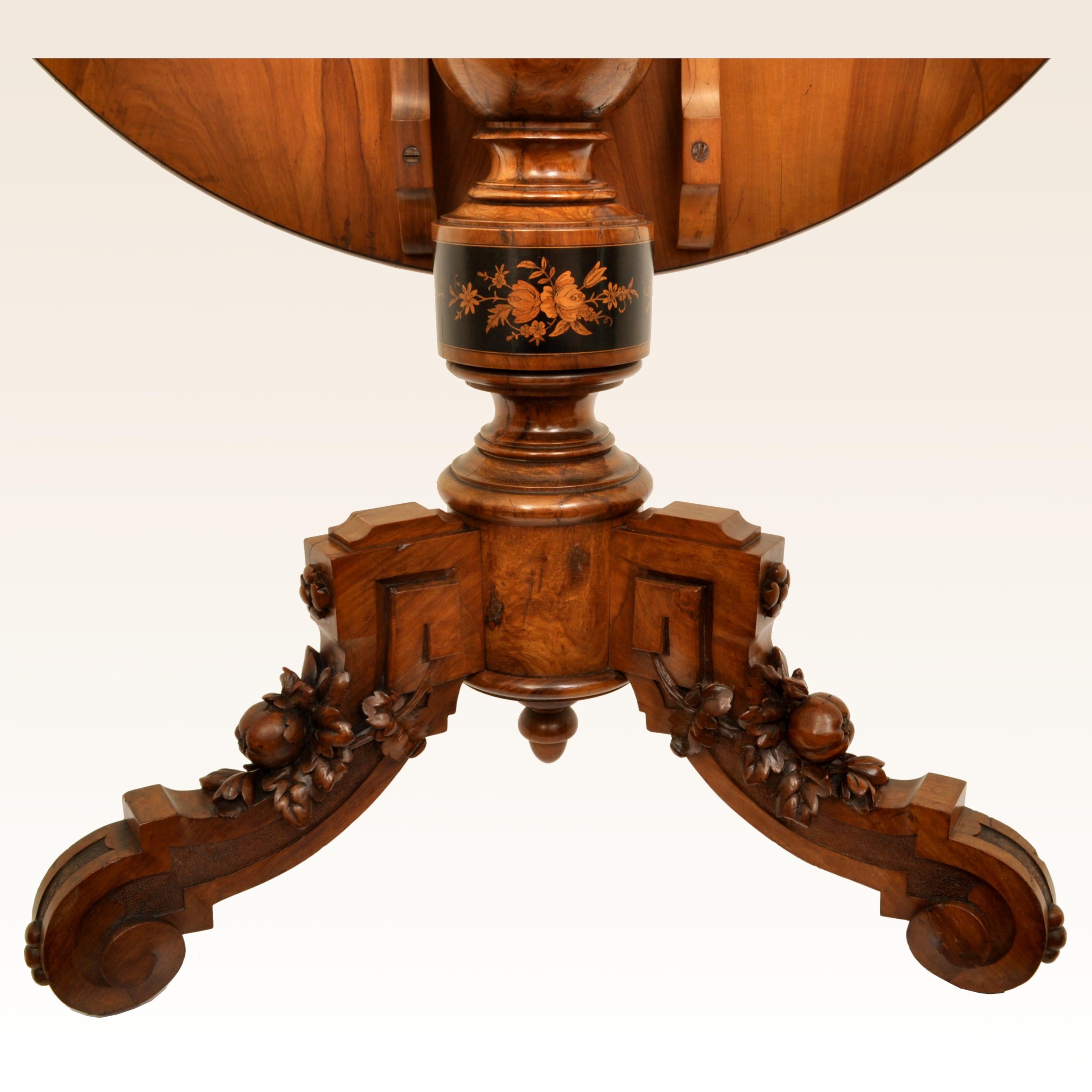 Antique Swiss Black Forest Tilt-Top Pedestal Walnut Marquetry Carved Table, 1880 6