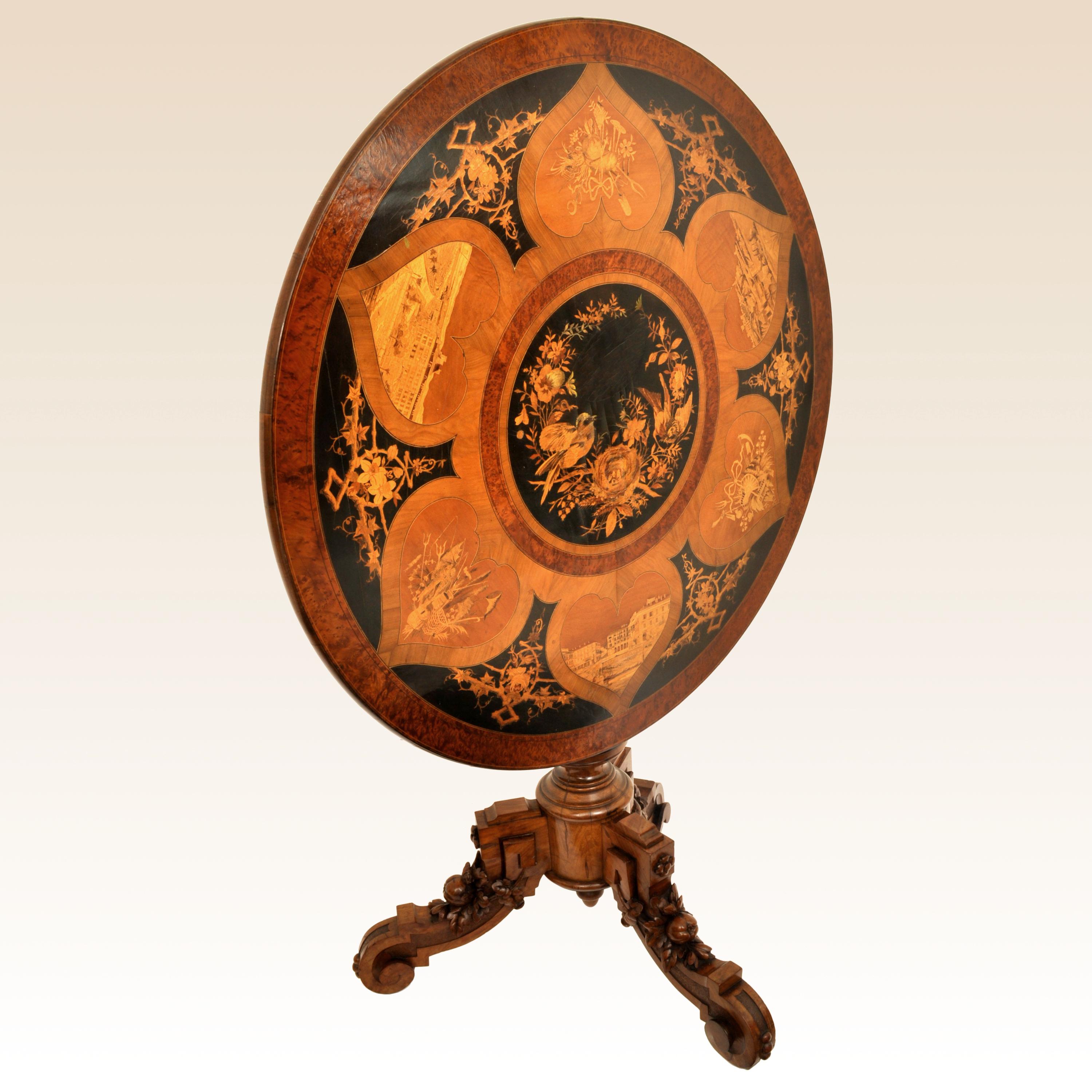 Inlay Antique Swiss Black Forest Tilt-Top Pedestal Walnut Marquetry Carved Table, 1880