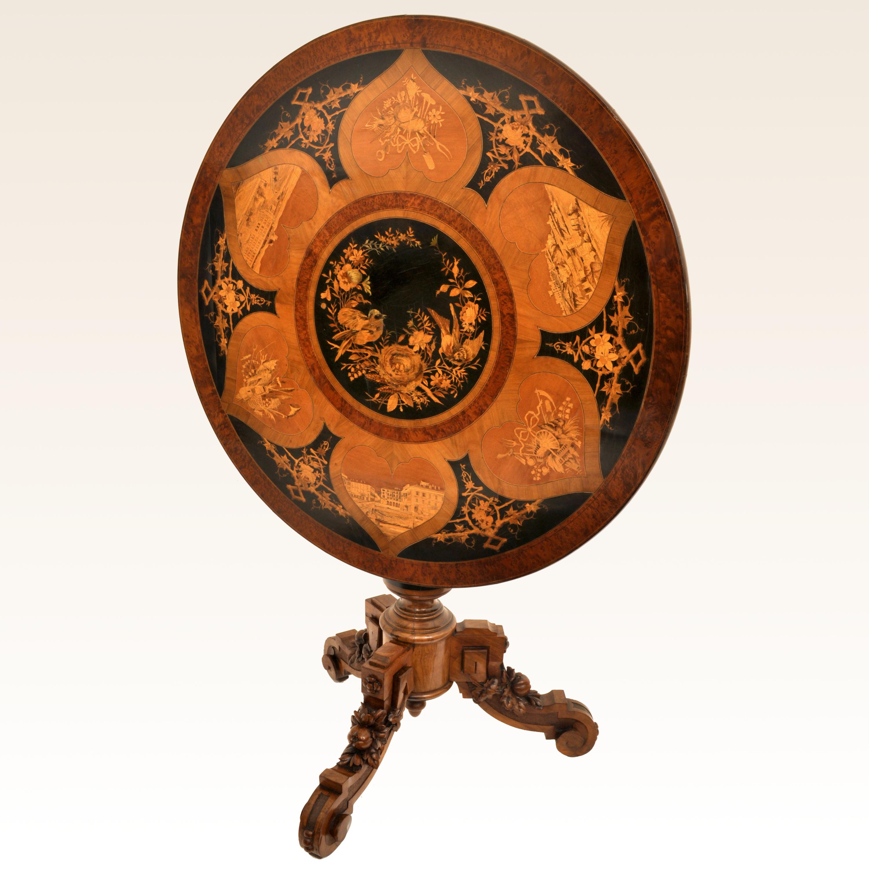 Antique Swiss Black Forest Tilt-Top Pedestal Walnut Marquetry Carved Table, 1880 In Excellent Condition In Portland, OR