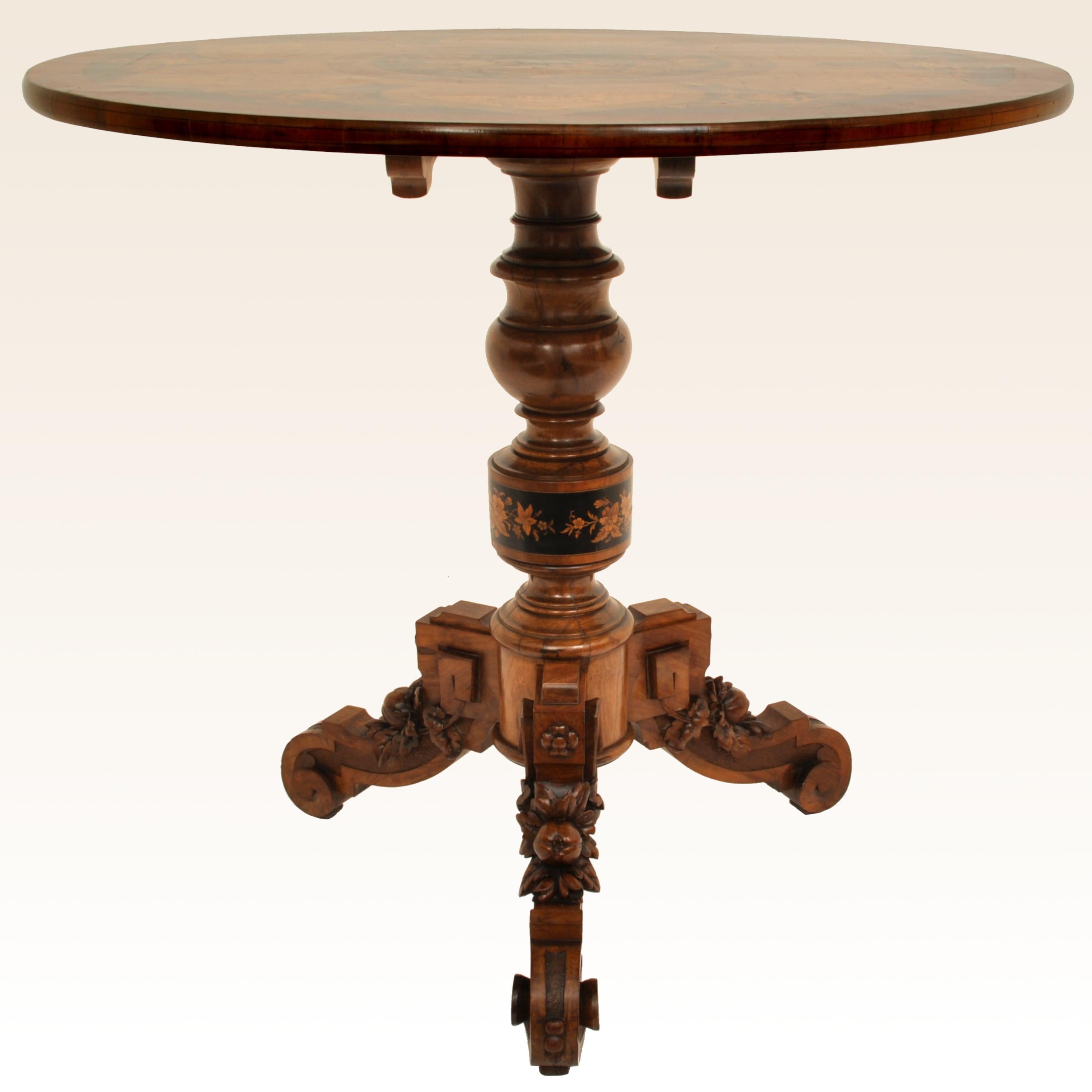 Late 19th Century Antique Swiss Black Forest Tilt-Top Pedestal Walnut Marquetry Carved Table, 1880