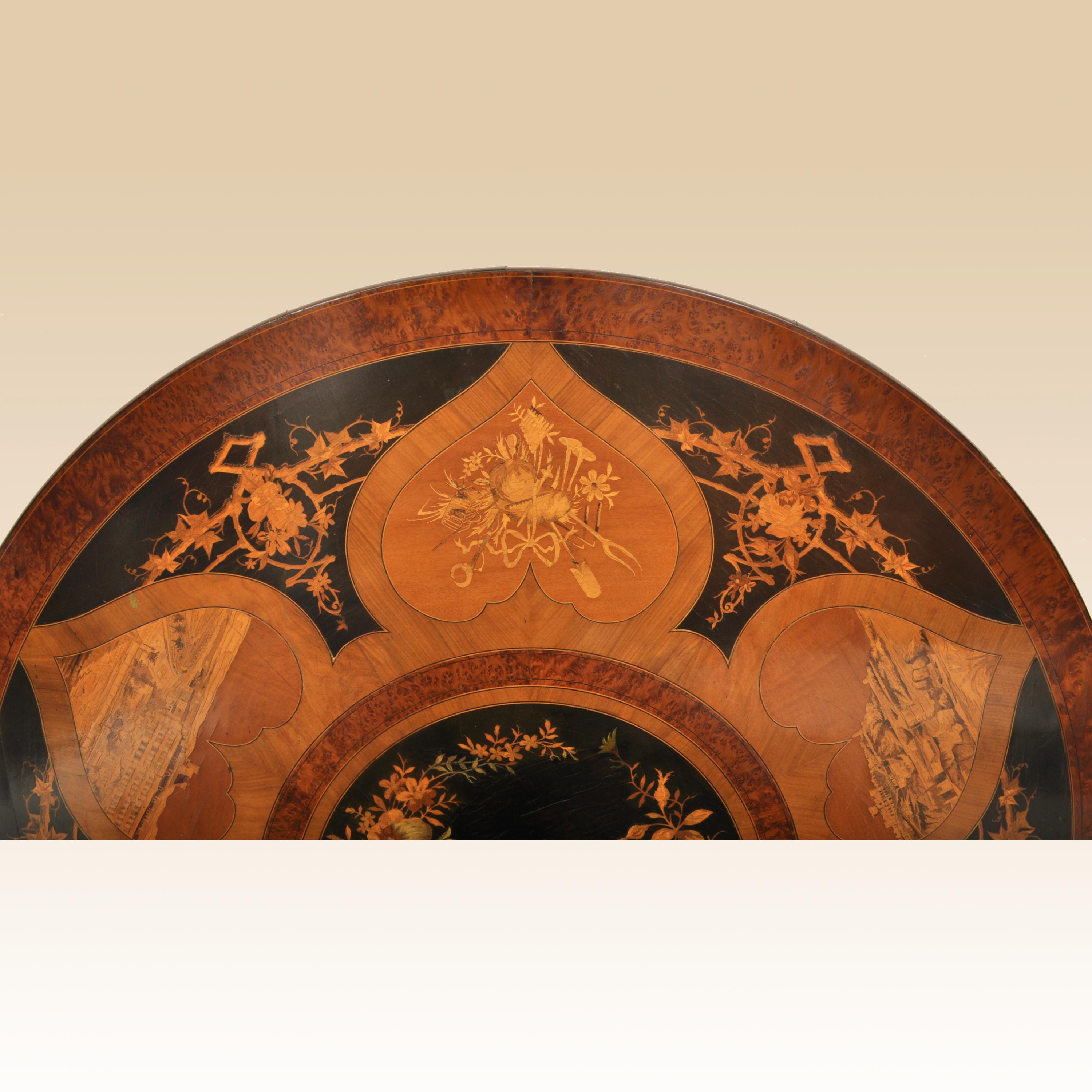 Ebony Antique Swiss Black Forest Tilt-Top Pedestal Walnut Marquetry Carved Table, 1880