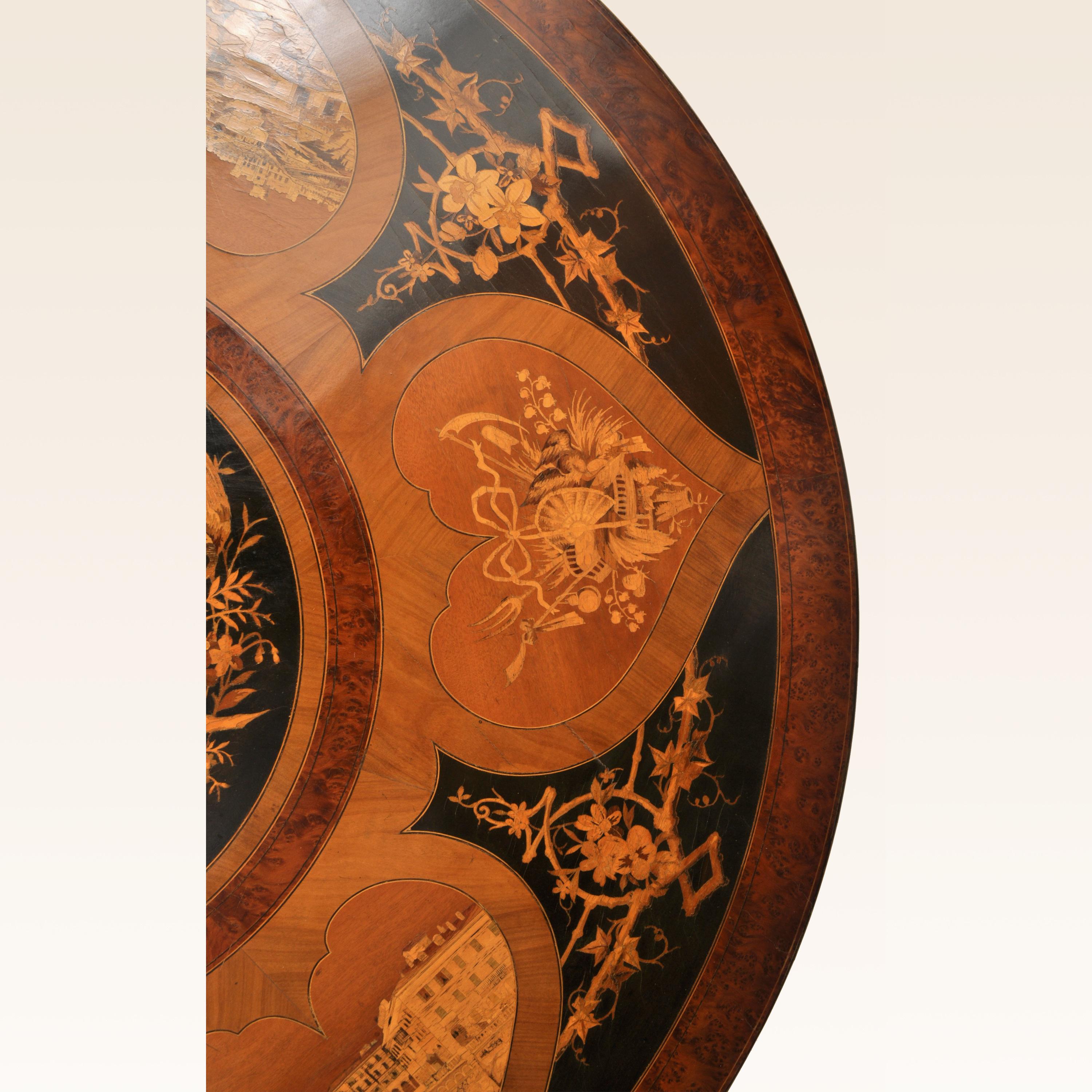 Antique Swiss Black Forest Tilt-Top Pedestal Walnut Marquetry Carved Table, 1880 1