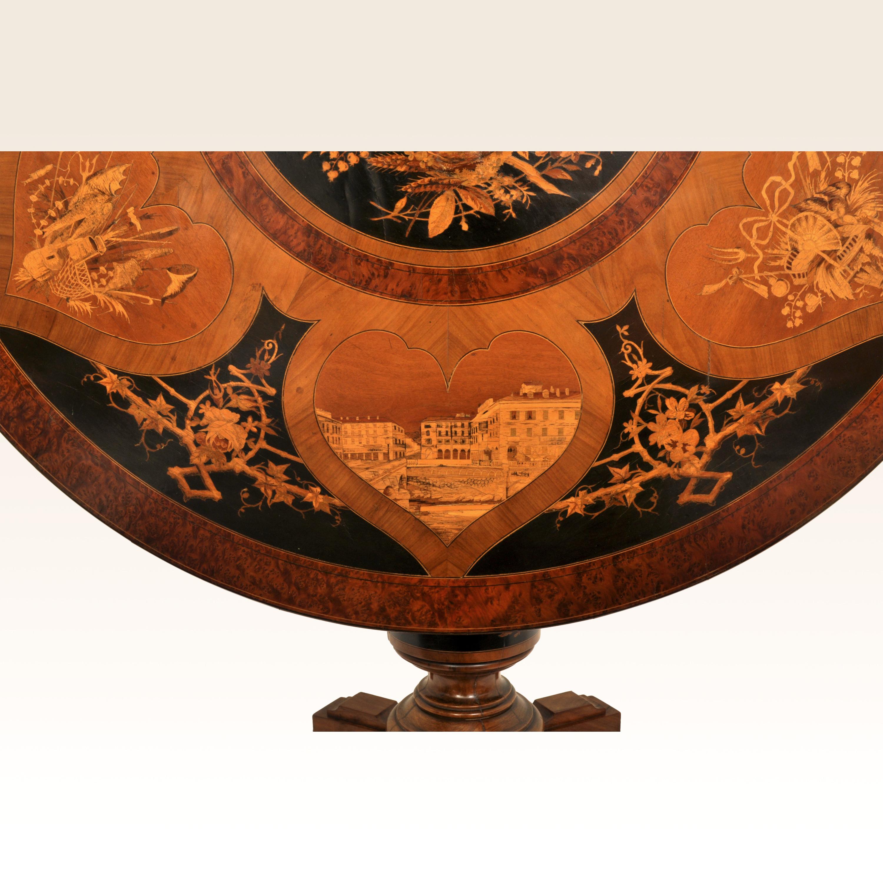 Antique Swiss Black Forest Tilt-Top Pedestal Walnut Marquetry Carved Table, 1880 2