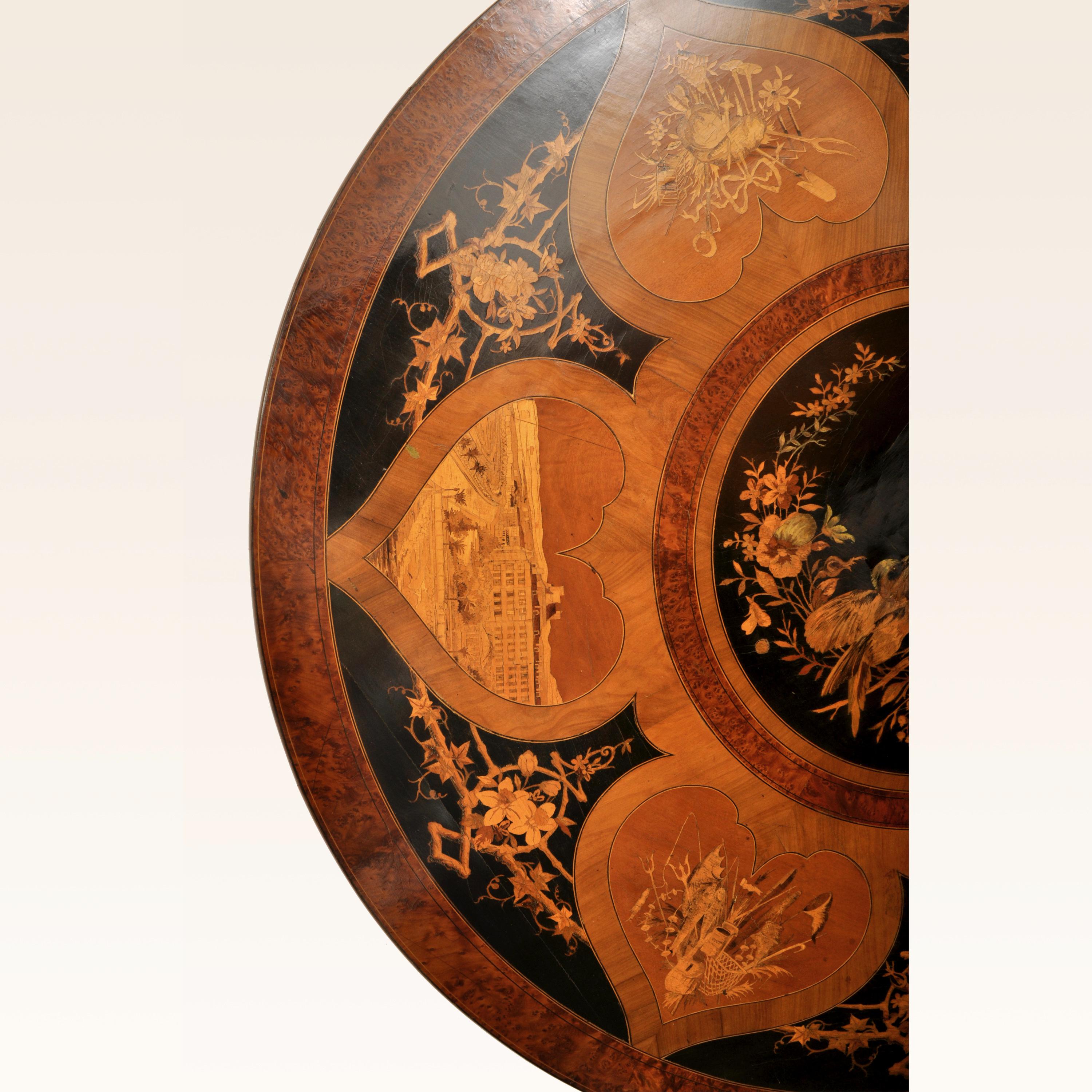 Antique Swiss Black Forest Tilt-Top Pedestal Walnut Marquetry Carved Table, 1880 3