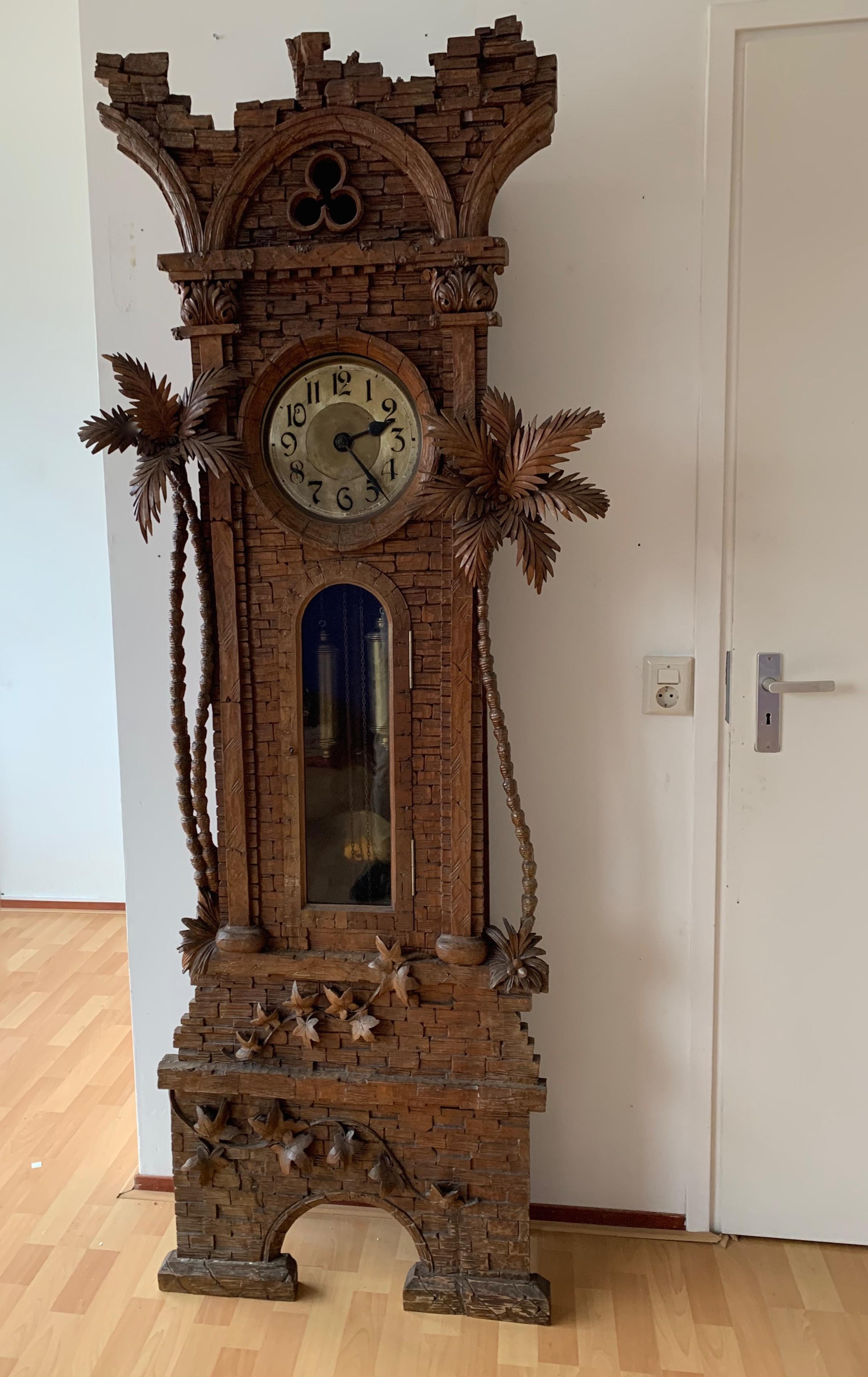 Amazing Swiss Black Forest Walnut Ancient Ruïn, Palm Trees Grandfather Clock     11