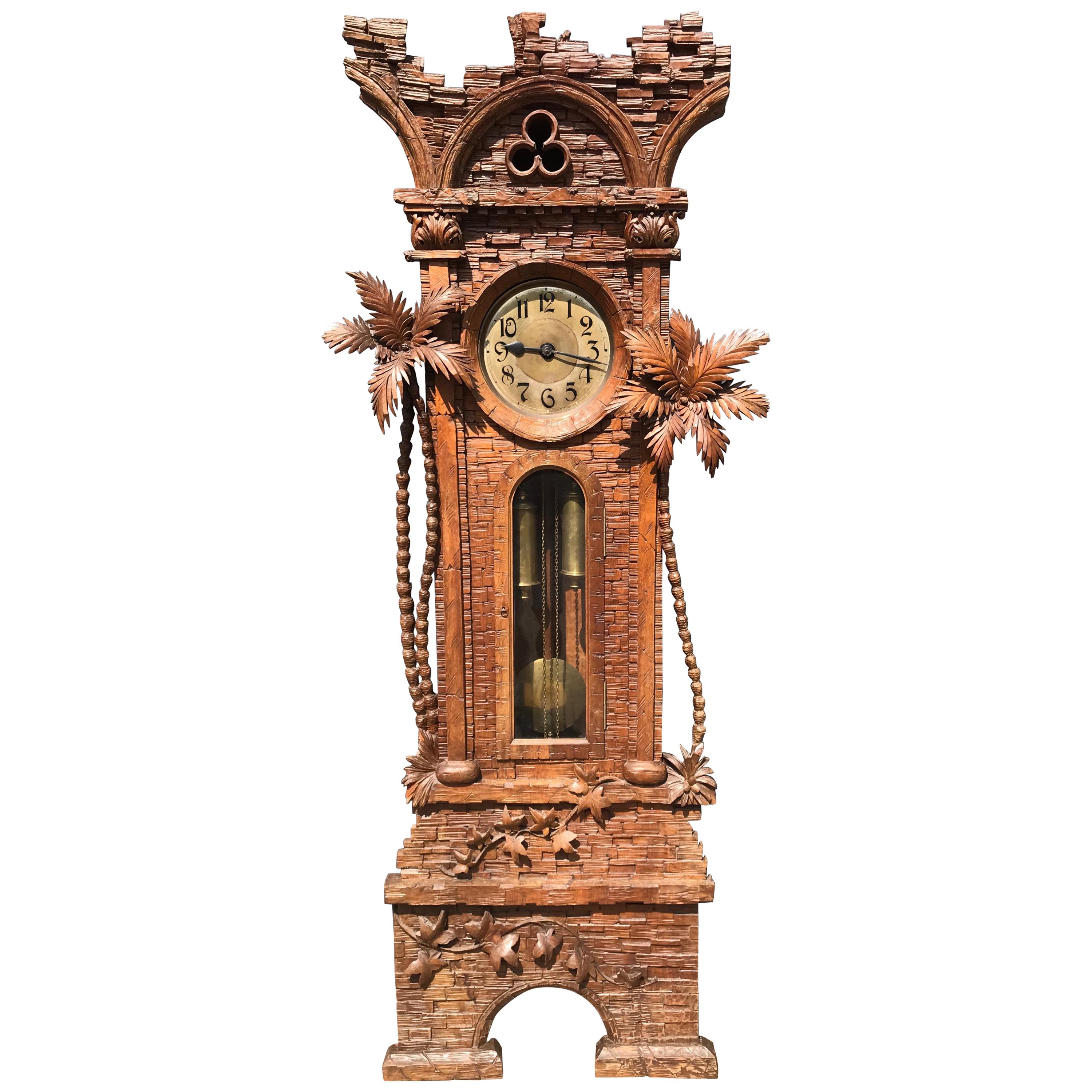 Amazing Swiss Black Forest Walnut Ancient Ruïn, Palm Trees Grandfather Clock    