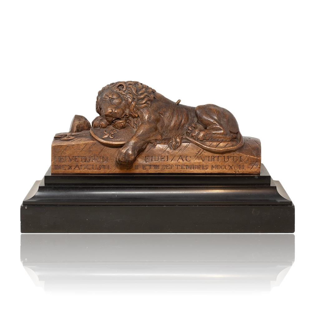 Art Nouveau Antique Swiss Black Forest Wood and Marble Lucerne Lion Carving For Sale