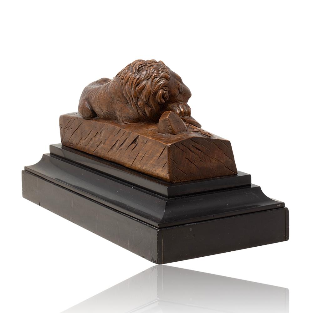 19th Century Antique Swiss Black Forest Wood and Marble Lucerne Lion Carving For Sale