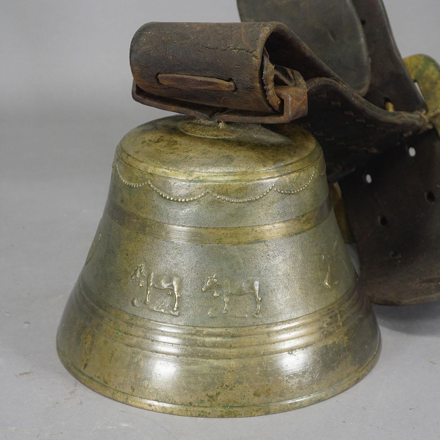 Black Forest Antique Swiss Casted Bronze Cow Bell with Leather Strap Ca. 1900