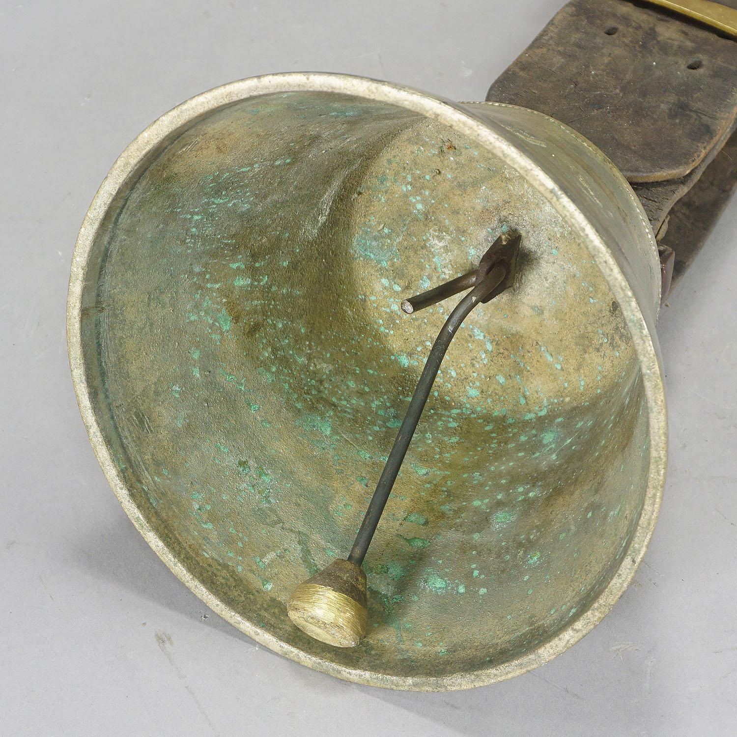 Antique Swiss Casted Bronze Cow Bell with Leather Strap Ca. 1900 1