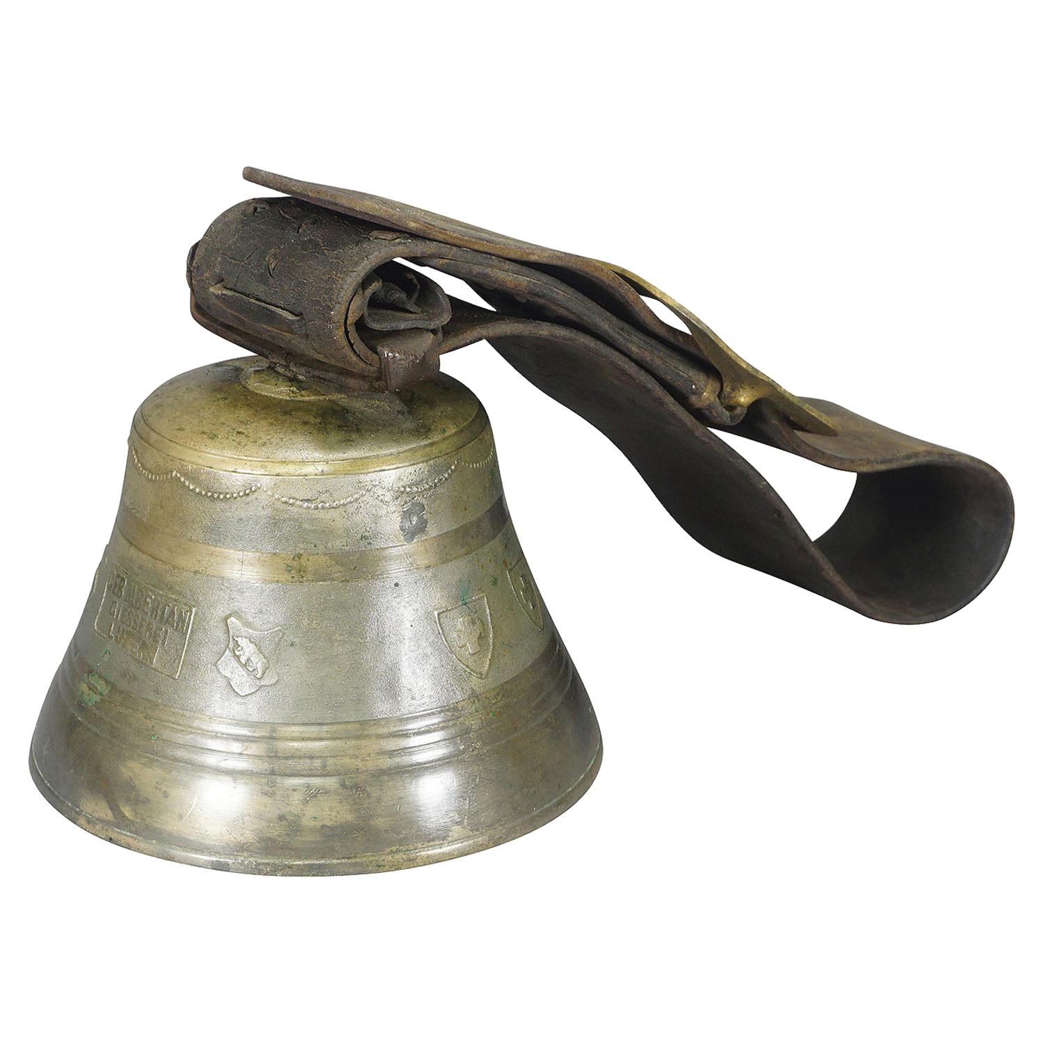 Antique Swiss Casted Bronze Cow Bell with Leather Strap Ca. 1900