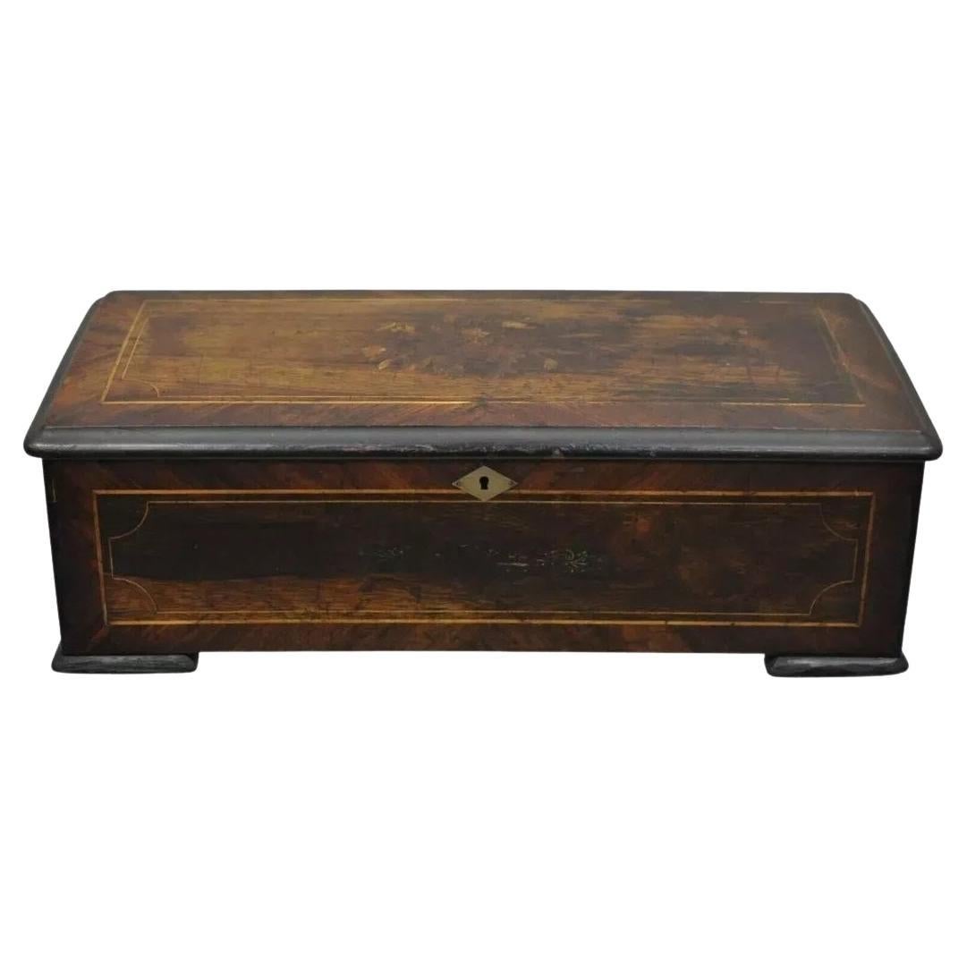 Caja de música de cilindro con incrustaciones de marquetería continental suiza antigua de A.V. Bornard