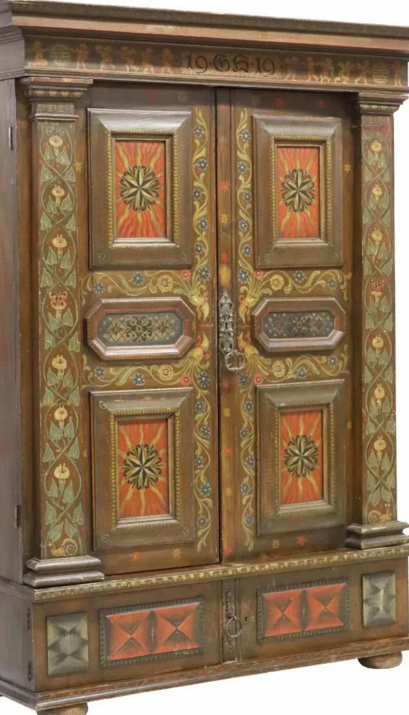Hand-Crafted Antique Swiss Country Hand-Painted Armoire