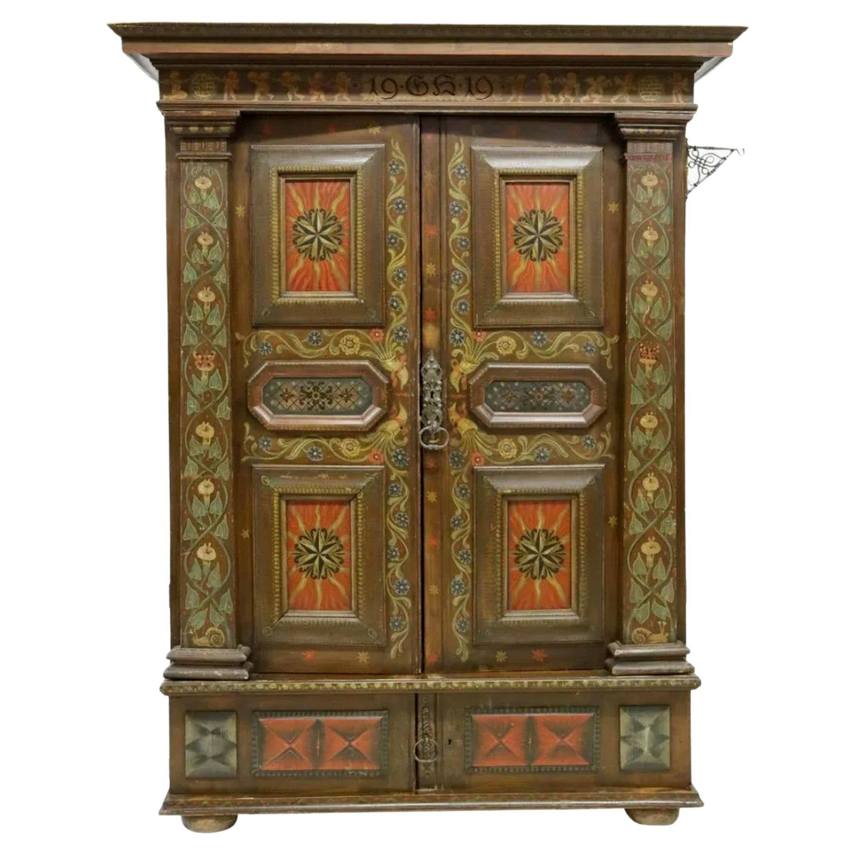 Antique Swiss Country Hand-Painted Armoire