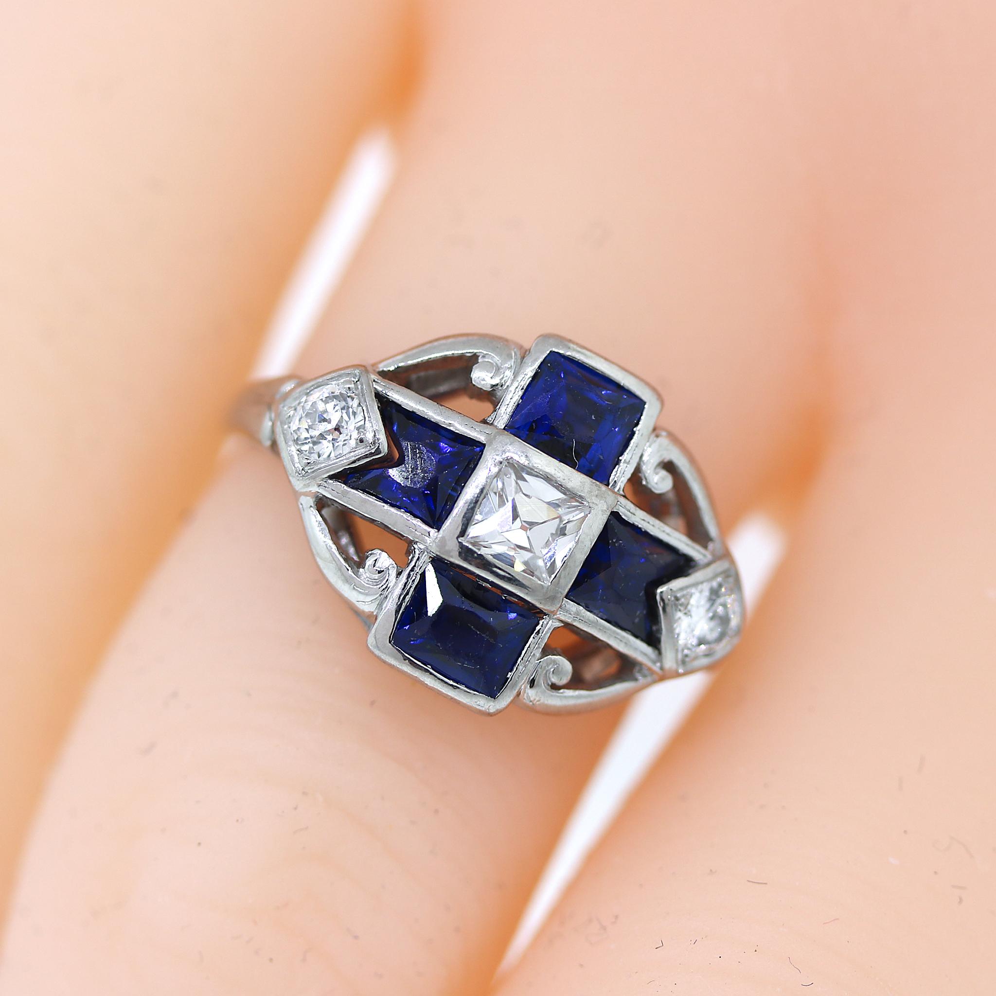Mixed Cut Antique Swiss Cut Sapphire and Diamond Ring in Platinum For Sale