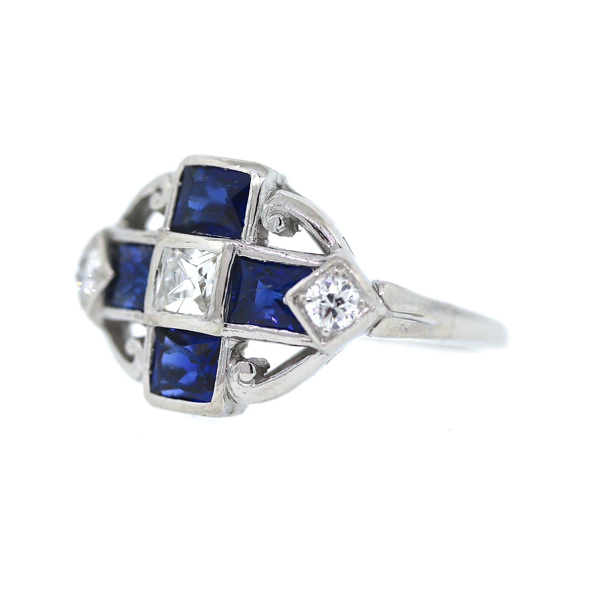 Women's Antique Swiss Cut Sapphire and Diamond Ring in Platinum For Sale