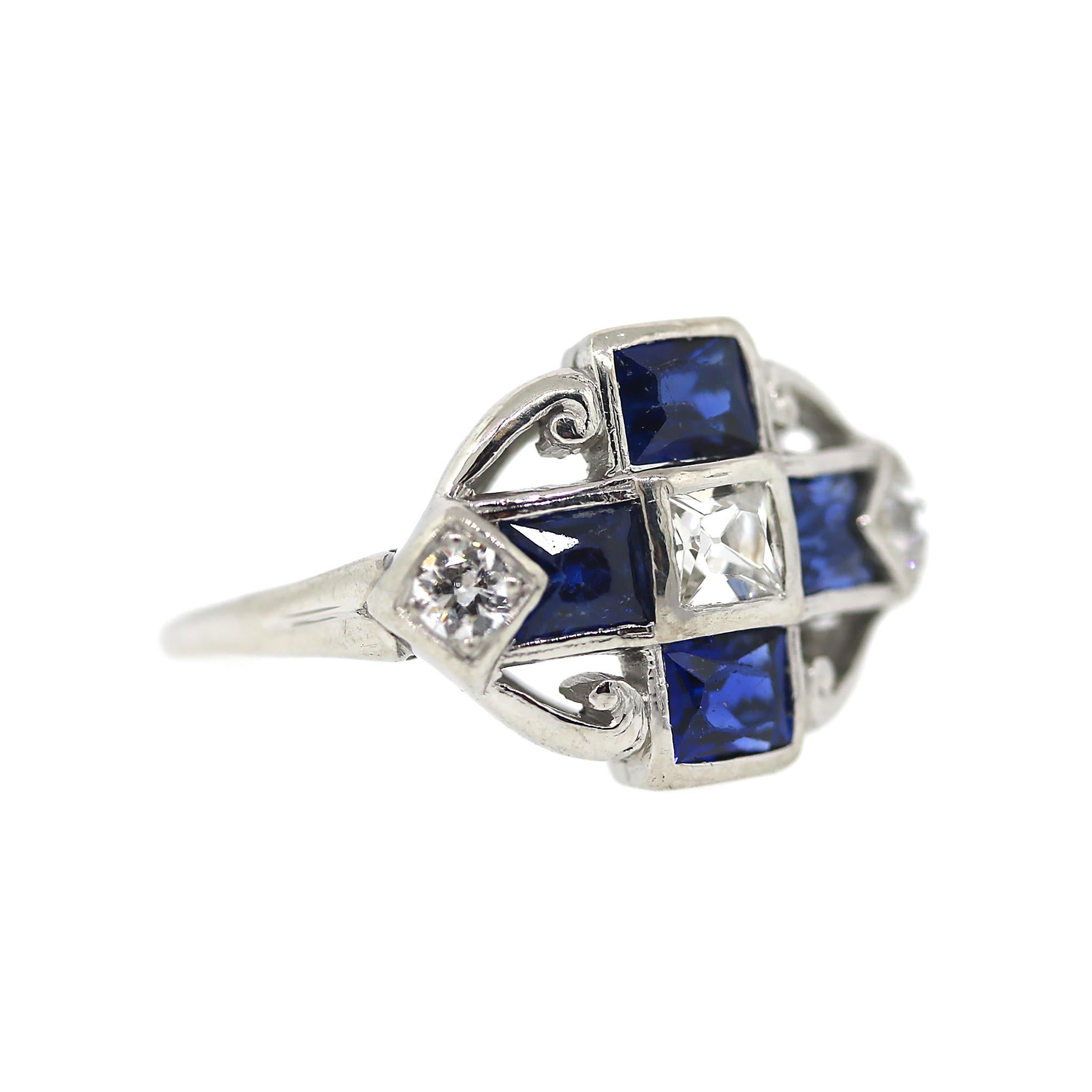 Antique Swiss Cut Sapphire and Diamond Ring in Platinum For Sale 1