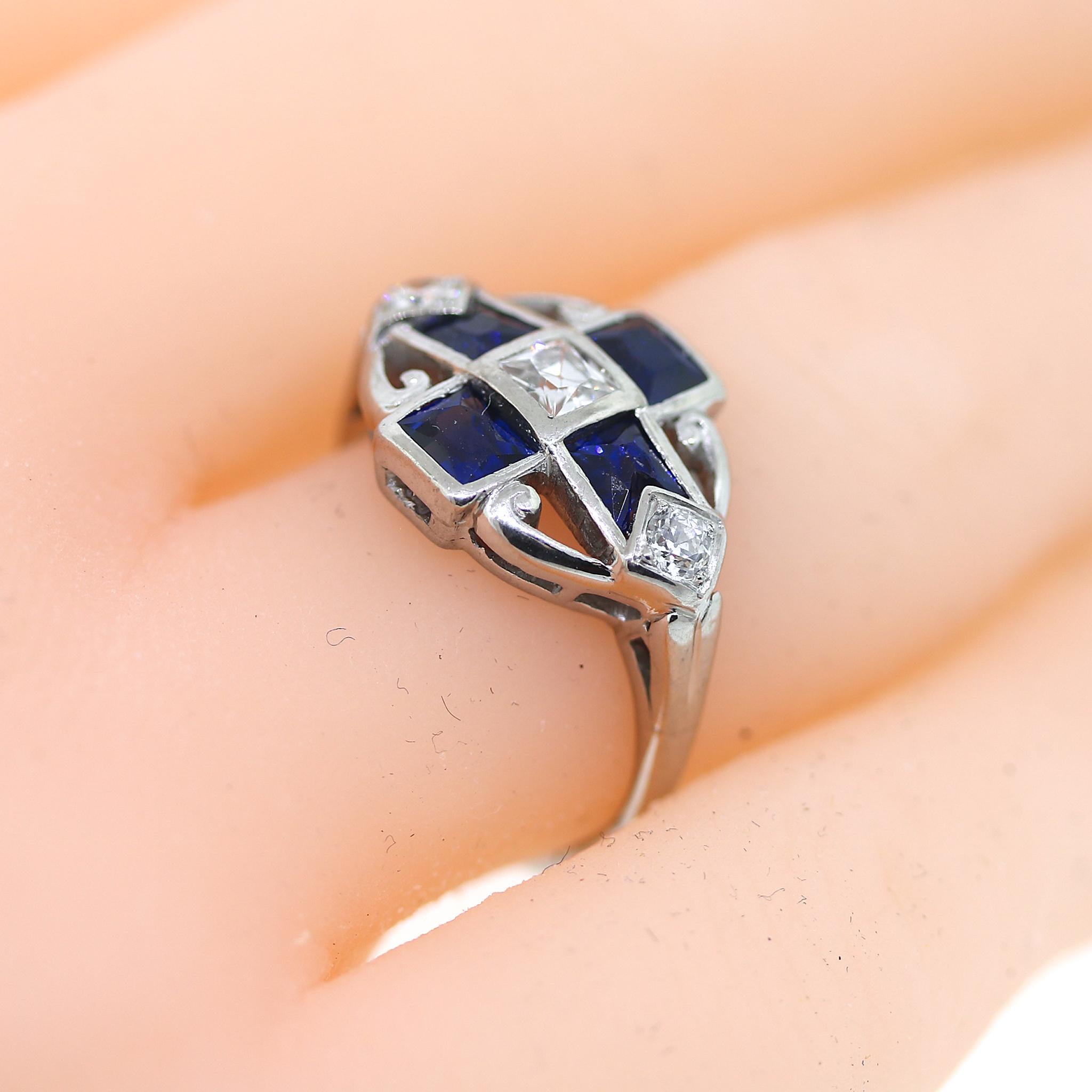 Antique Swiss Cut Sapphire and Diamond Ring in Platinum For Sale 2