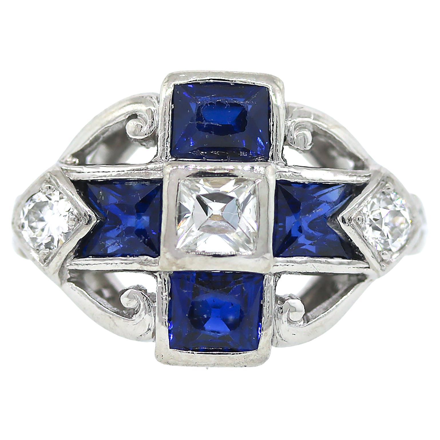Antique Swiss Cut Sapphire and Diamond Ring in Platinum For Sale