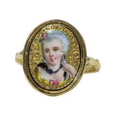 Antique Swiss Enamel 18 Karat Gold Lady Portrait Ring, Early 1900s