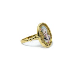 Antique Swiss Enamel 18 Karat Gold Lady Portrait Ring, Early 1900s