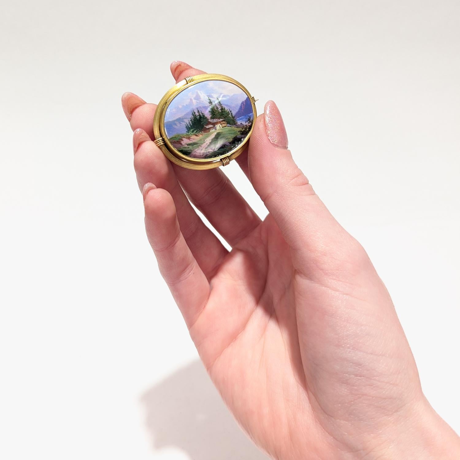 Antique Swiss Enamel and 14k Gold Brooch with a Mont Blanc Scene For Sale 7