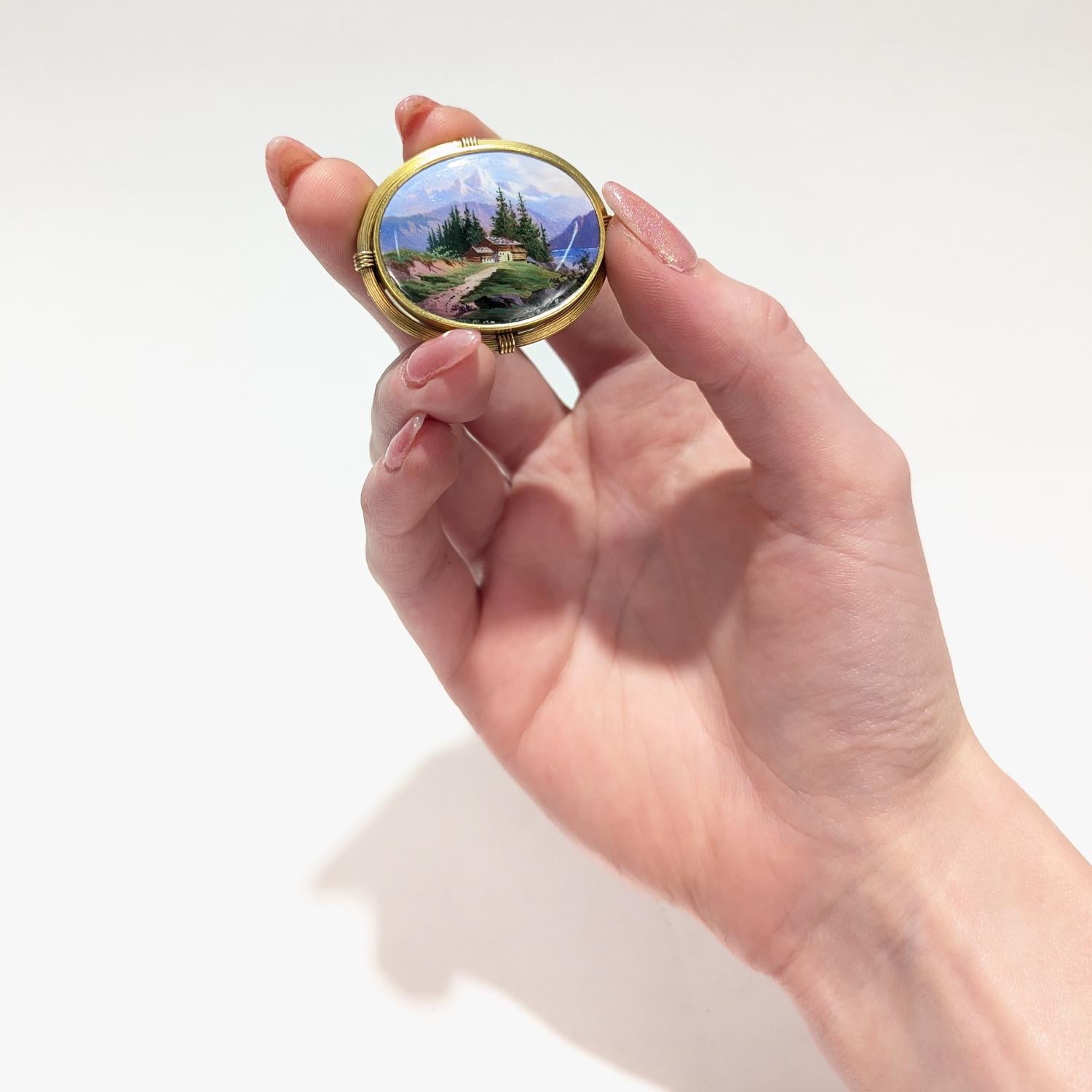 Antique Swiss Enamel and 14k Gold Brooch with a Mont Blanc Scene For Sale 8
