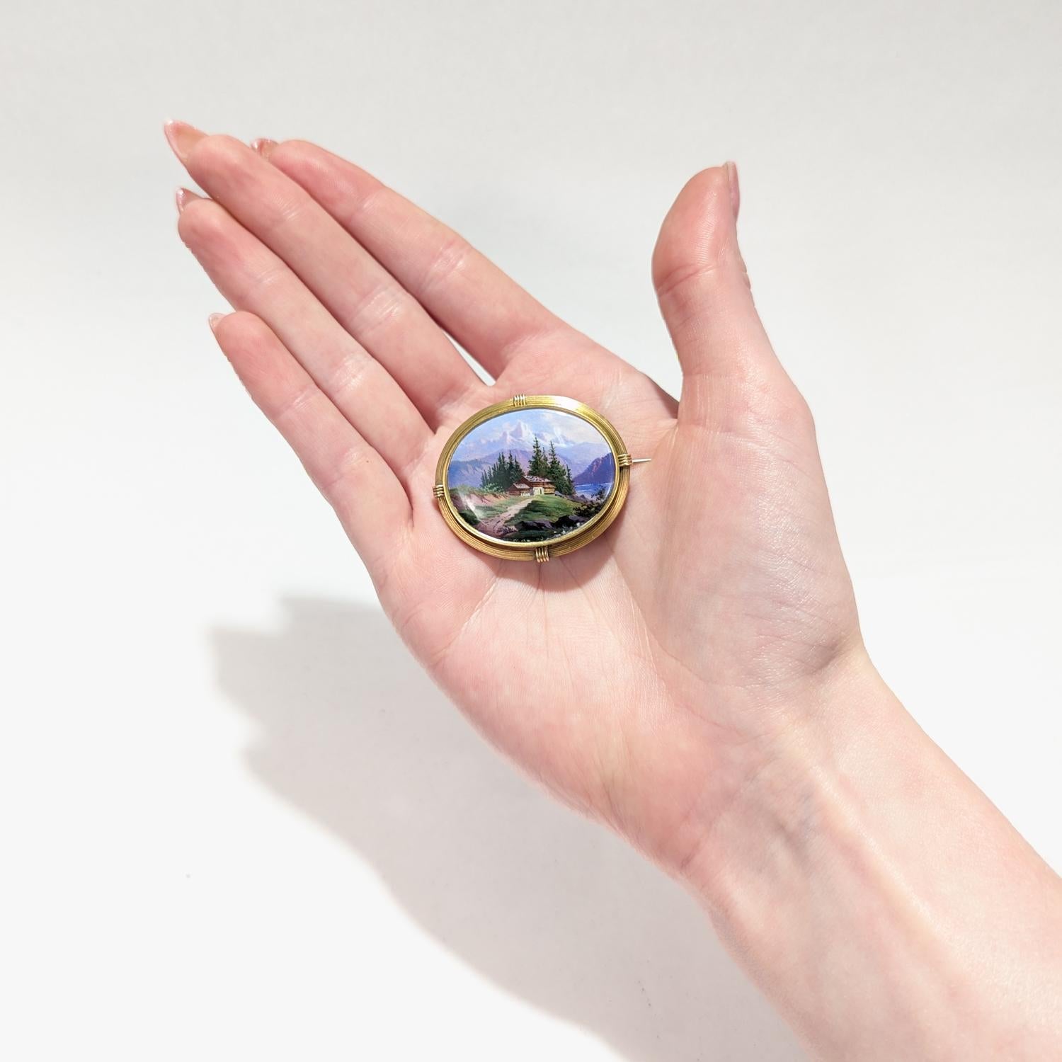 Modern Antique Swiss Enamel and 14k Gold Brooch with a Mont Blanc Scene For Sale